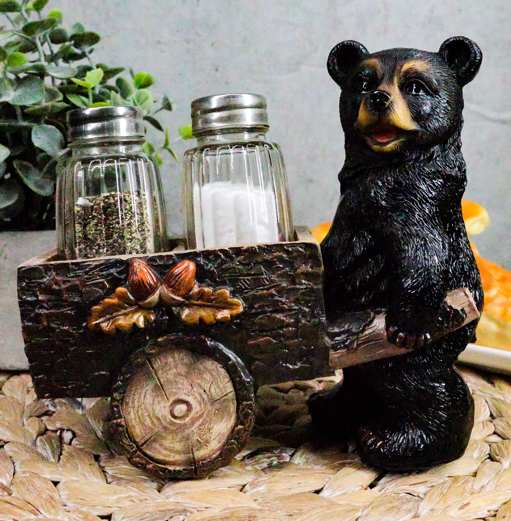 Ebros Woodlands Spice Delivery Black Bear Pushing Vintage Wagon Cart Salt And Pepper Shakers Holder Figurine Set Forest Rocky Mo