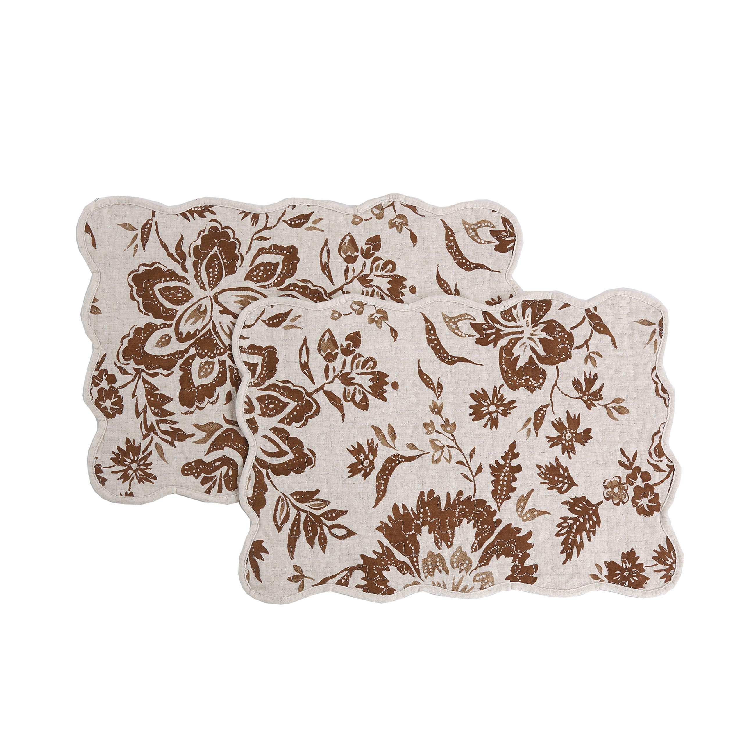 Cozy Line Home Fashions Quilted Linen Cotton Table Runner And Placemats (Chocolate Flower, Placemats(Set Of 4) + Table Runner)