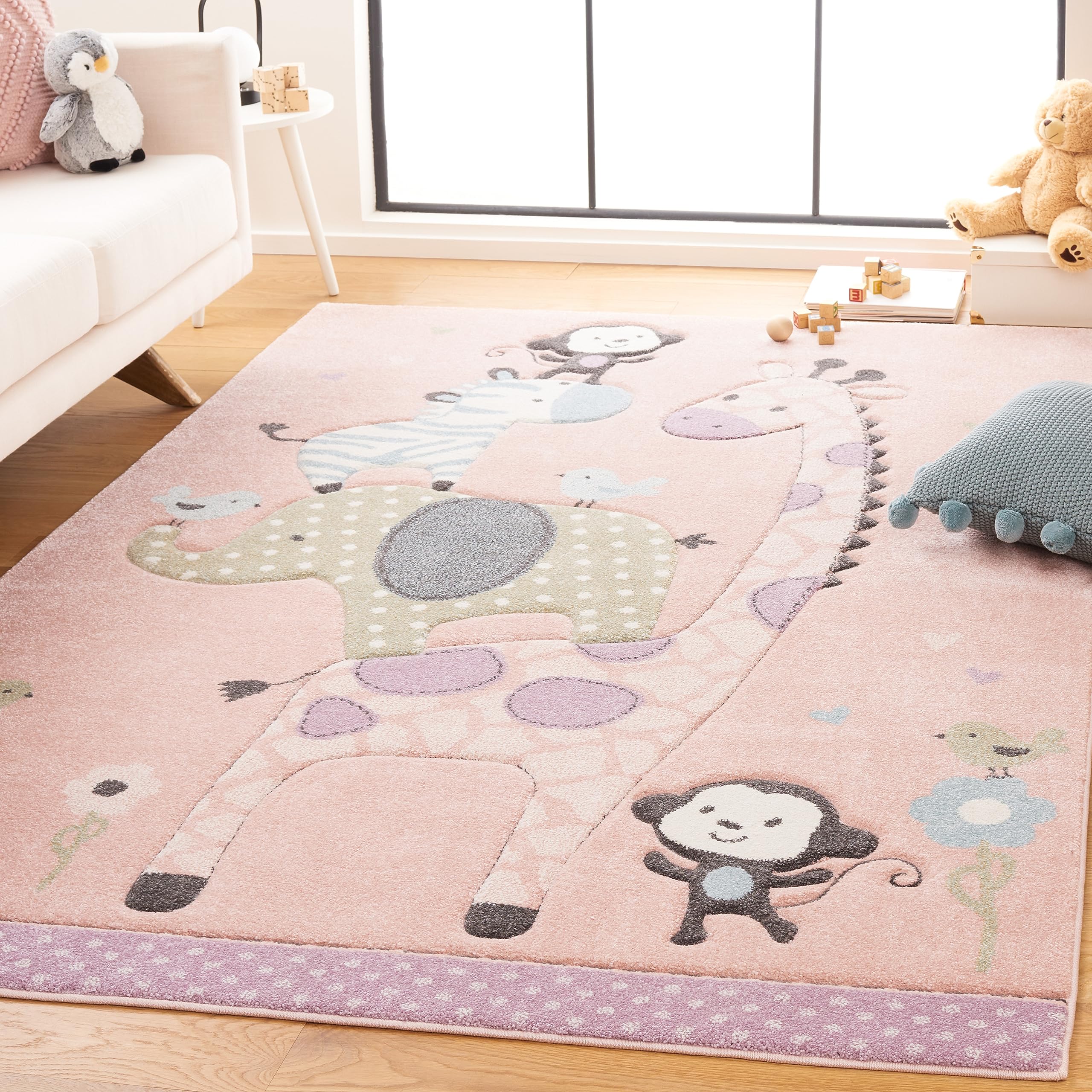 SAFAVIEH Carousel Kids Collection Area Rug - 9 x 12, Blush Pink, Animal Design, Non-Shedding & Easy Care, Ideal for High Traff
