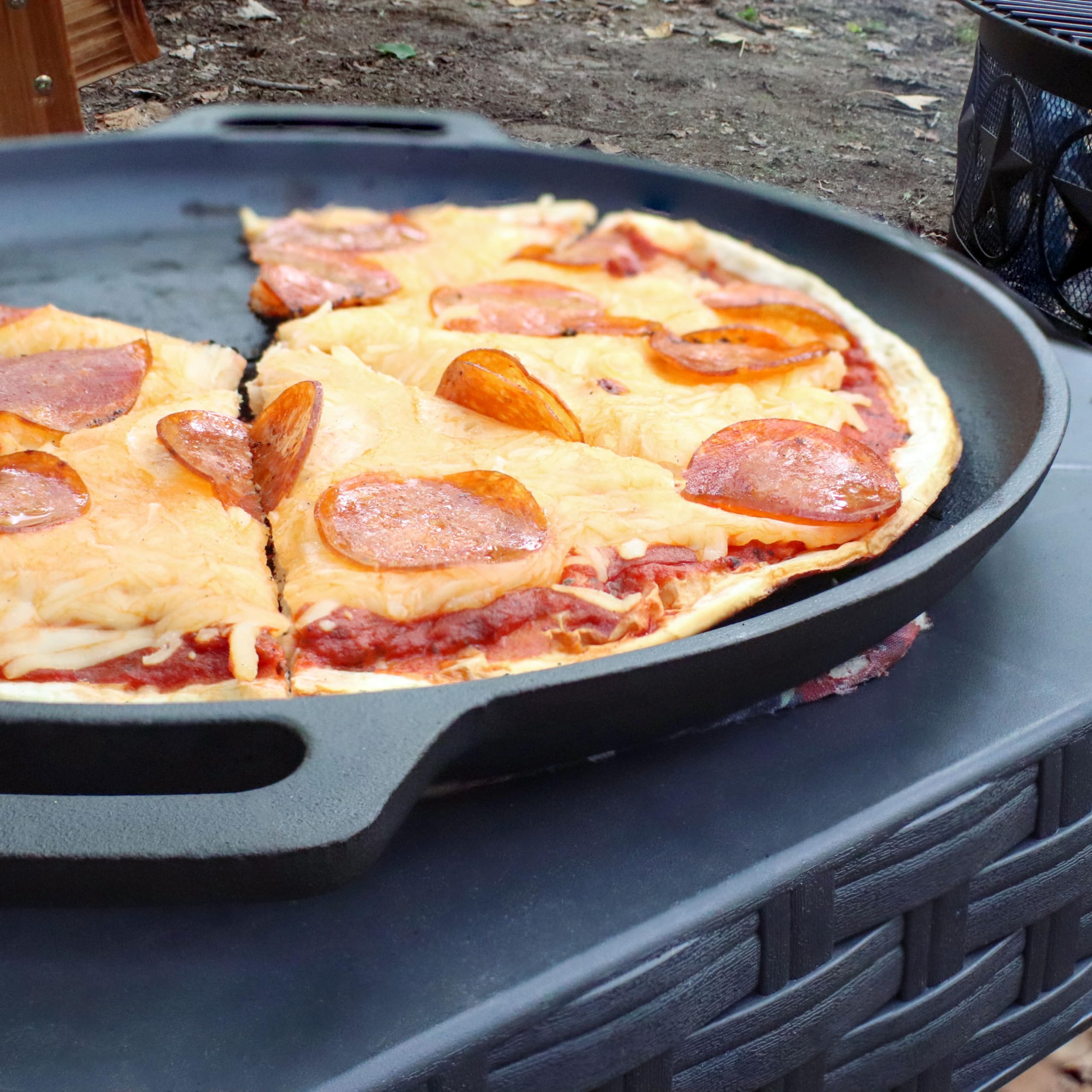 Sunnydaze 13.75-Inch Pre-Seasoned Cast Iron Pizza Pan With 2 Side Handles For Cooktop, Oven, And Grill