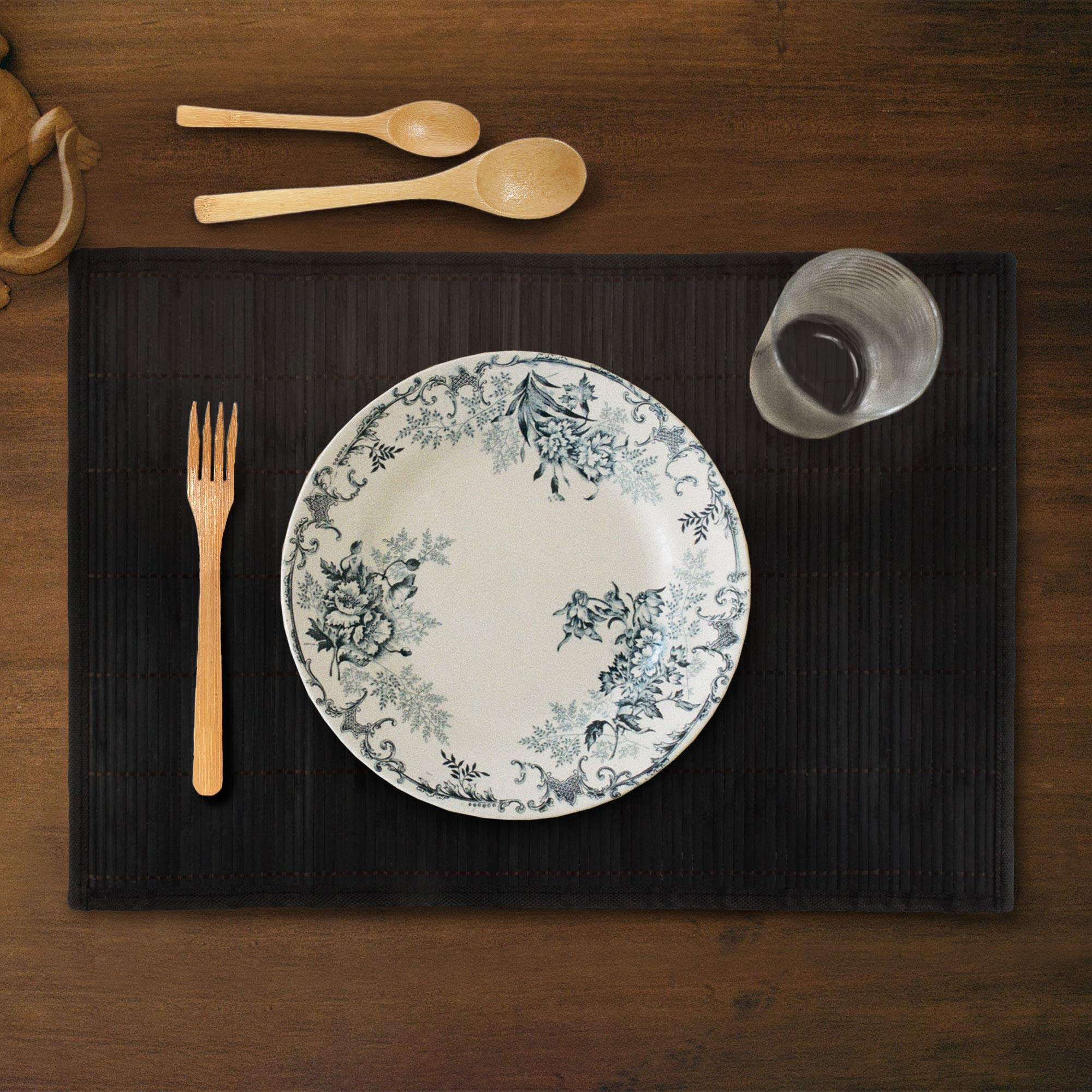 Bamboomn Bamboo Slats Placemat With Fabric Border - Solid Color Print - 18'' X 13'' - Black, 8 Pcs