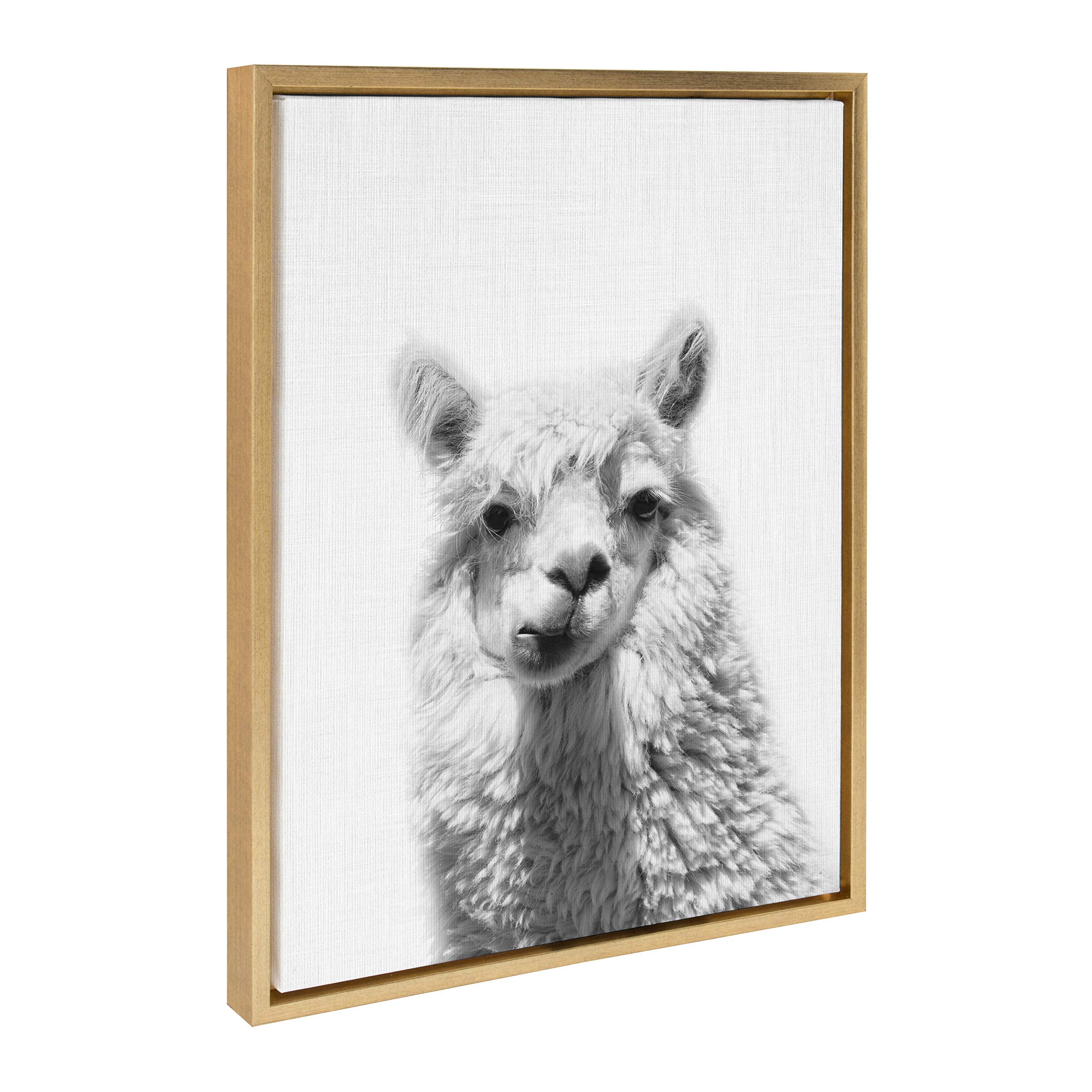 Kate And Laurel Sylvie Alpaca Portrait Framed Canvas Wall Art By Simon Te Of Tai Prints, 18X24 Gold, Adorable Animal Home Decor