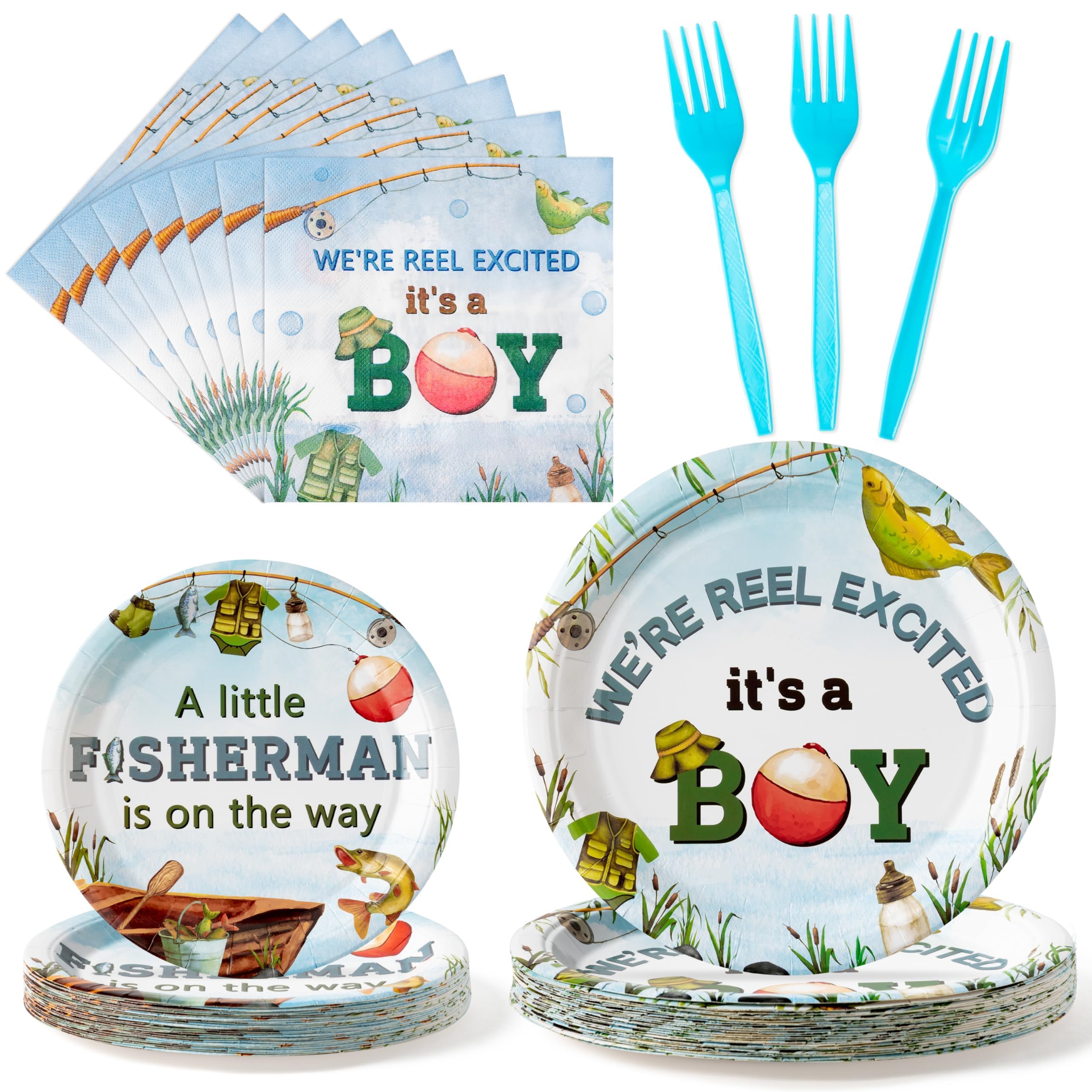 ANGOLIO 96Pcs Gone Fishing Party Plates Supplies - A Little Fisherman Is On The Way Party Tableware Decorations Fishing Disposab