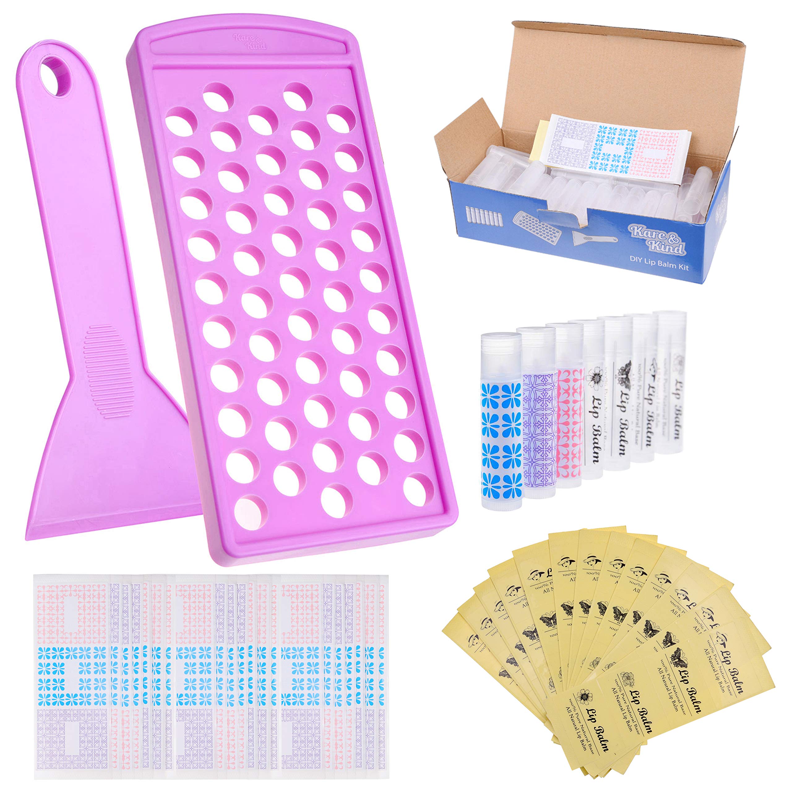 Lip Balm Filling Tray and Spatula - BPA Free - 50 Empty Lip Balm Tubes with Caps (Clear) - 3/16 Oz (5.5 ml) - 50 Writeable and 5