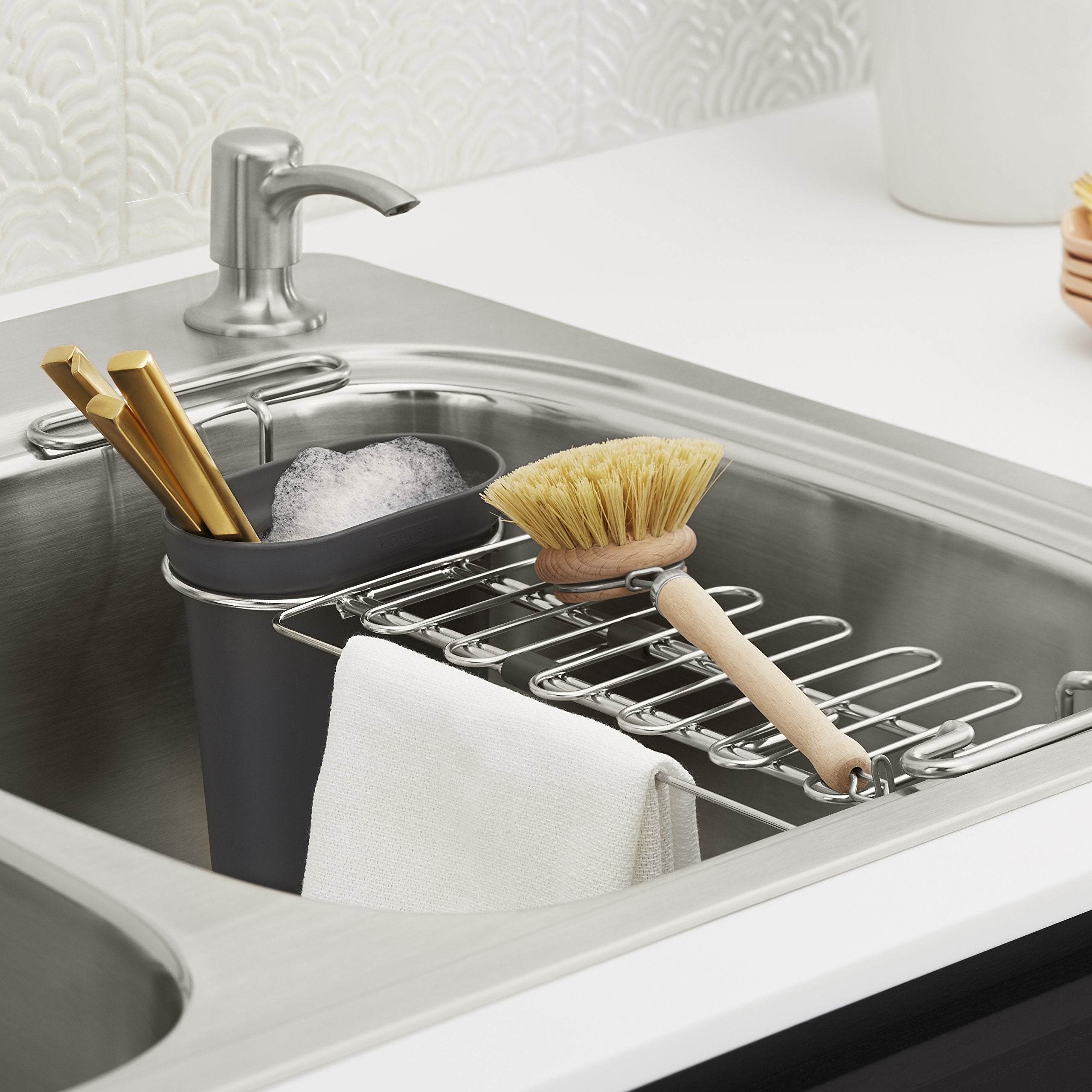 Kohler K-5473-Chr Multi-Purpose Over-The-Sink Drying Rack, Caddy With Kitchen Towel Bar Holder, Soaking Cup. Expandable 14.6'' T