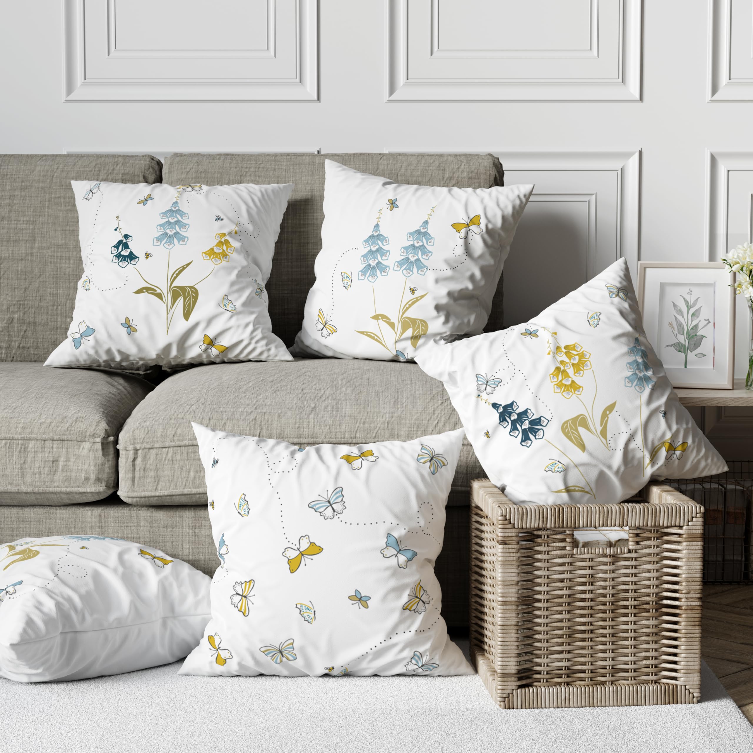 Tranquebar Curtain Co.Butterfly & Floral Printed Canvas Cotton Cushion Covers (Titli-Blue) Set Of 5-16 Inch X 16 Inch