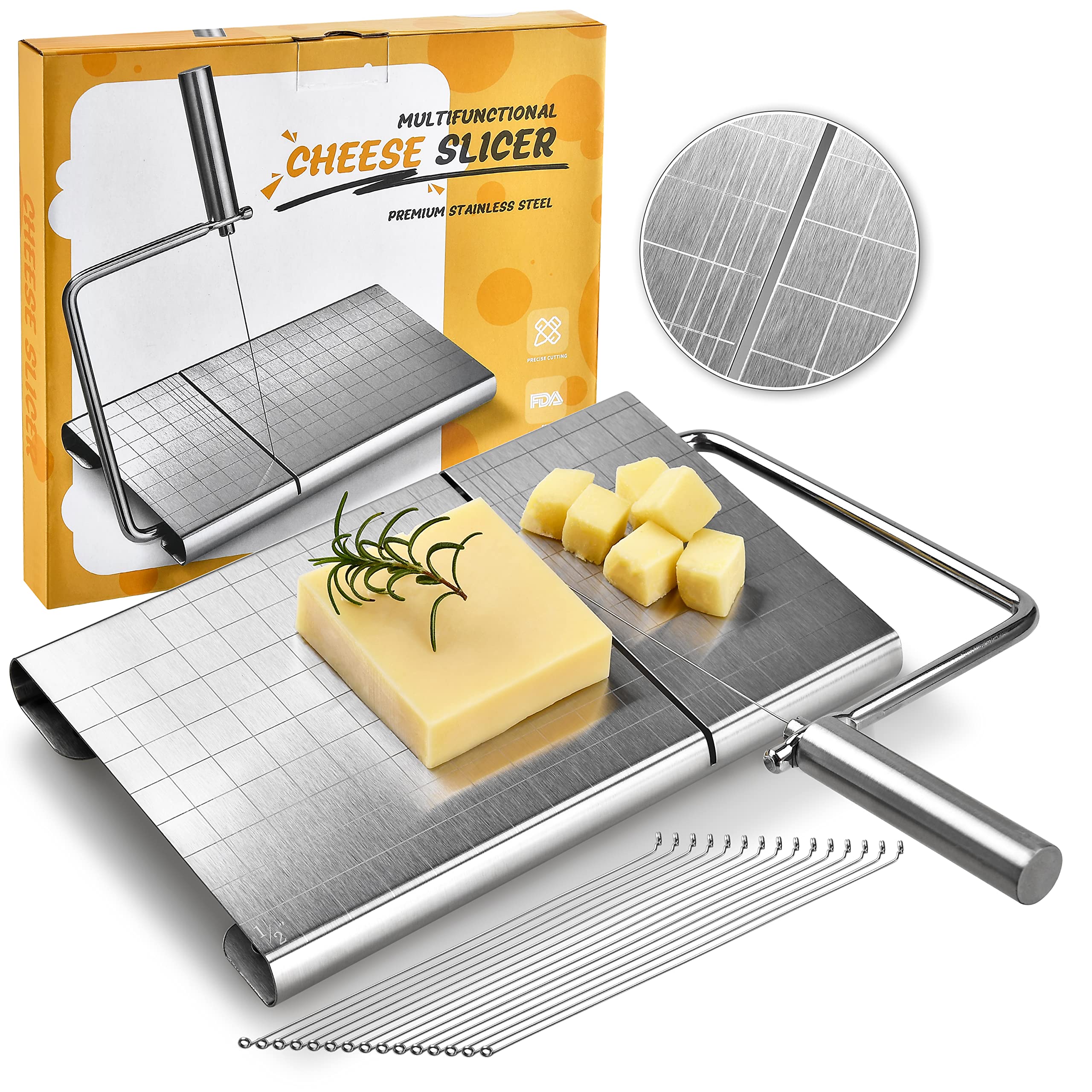 Cocoboss Wire Cheese Slicer For Block Cheese Heavy Duty, Multifunctional Adjustable Cheese Cutter With 15 Replacement Wires - St