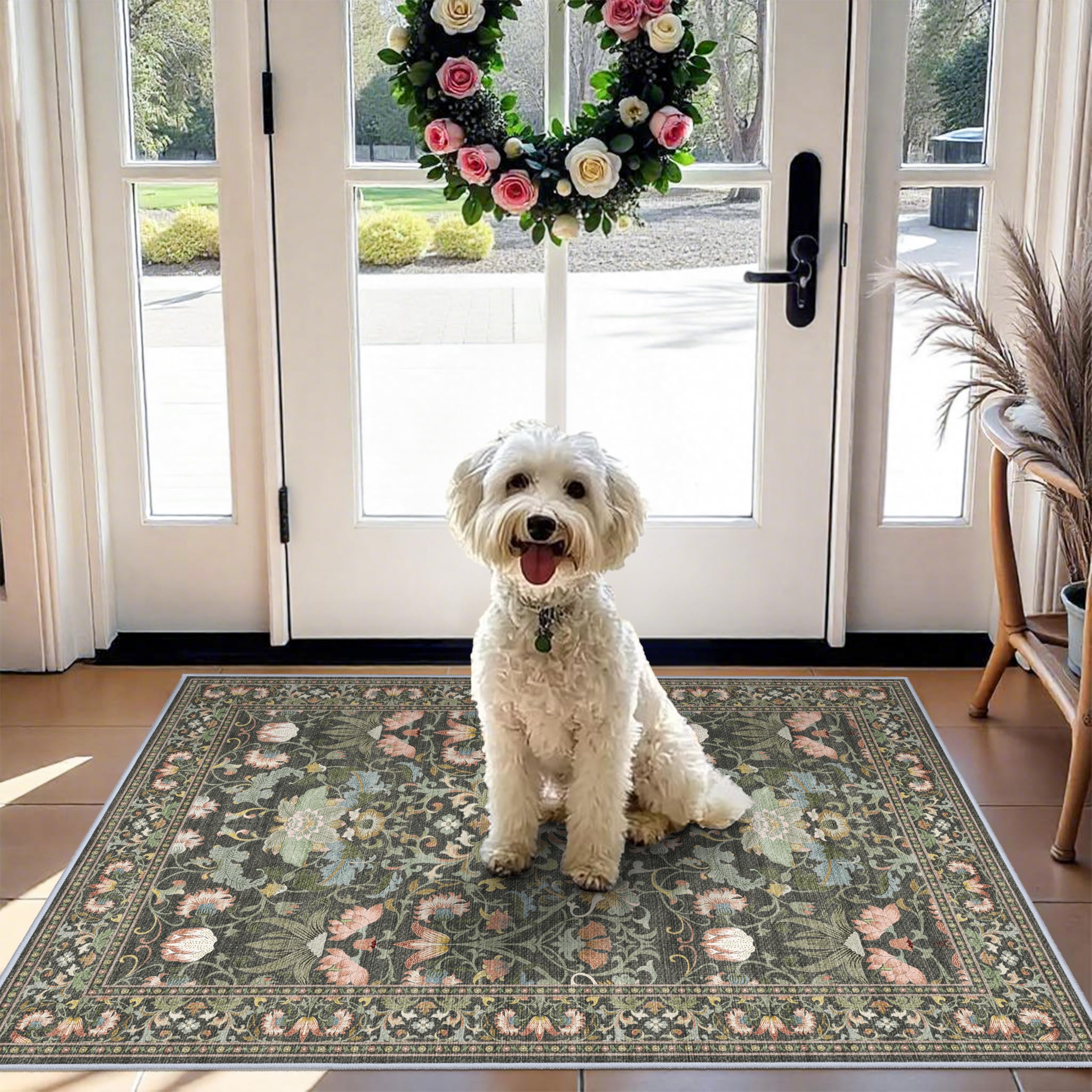 Washable 2x3 Entryway Area Rugs: Vintage Soft Floral Thin Doormat with Non Slip Backing Water Resistant Bathroom Laundry Rug for
