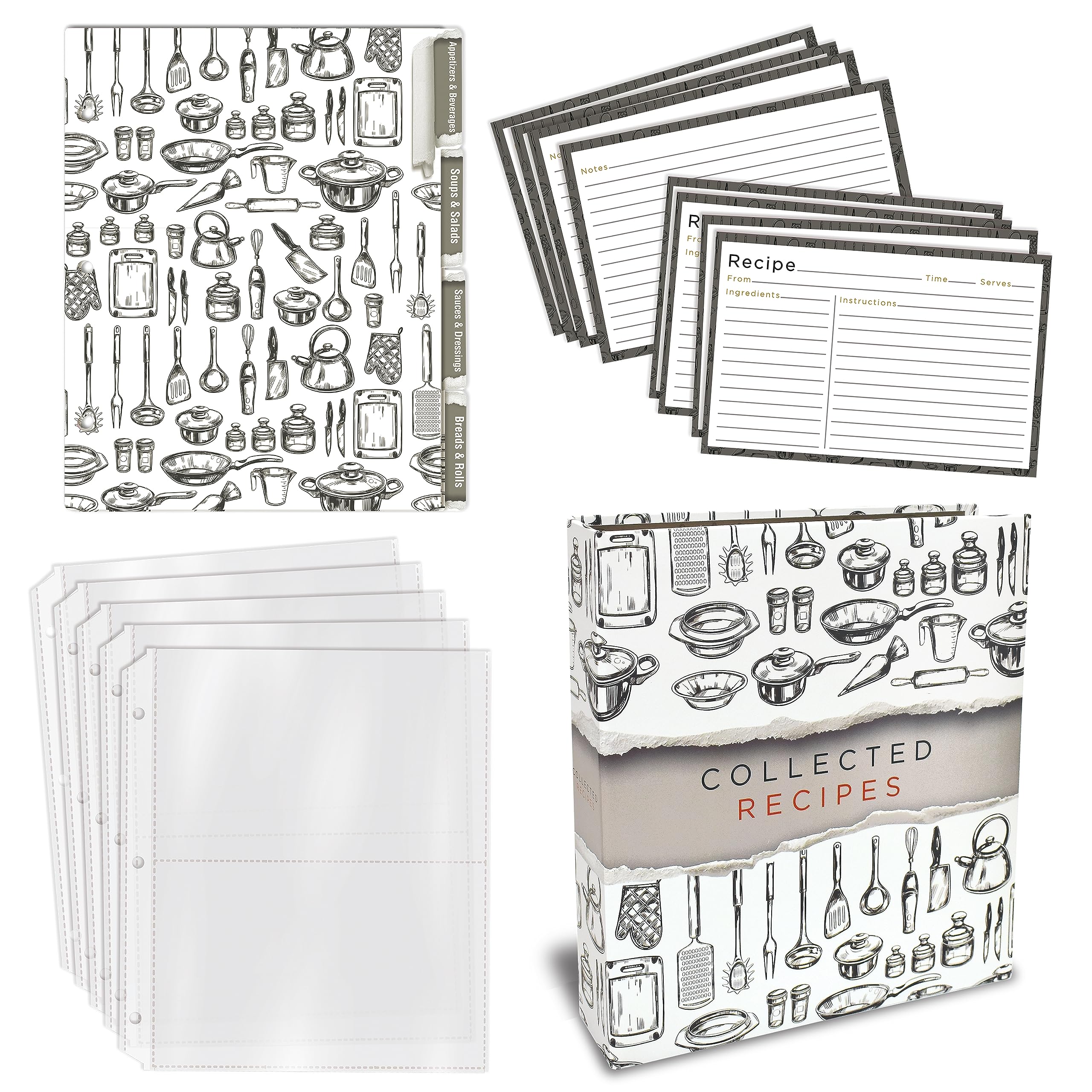 Better Kitchen Products Recipe Binder, 8.5'' X 9.5'' 3 Ring Binder Organizer Set (With 50 Page Protectors, 100 4'' X 6'' Recipe