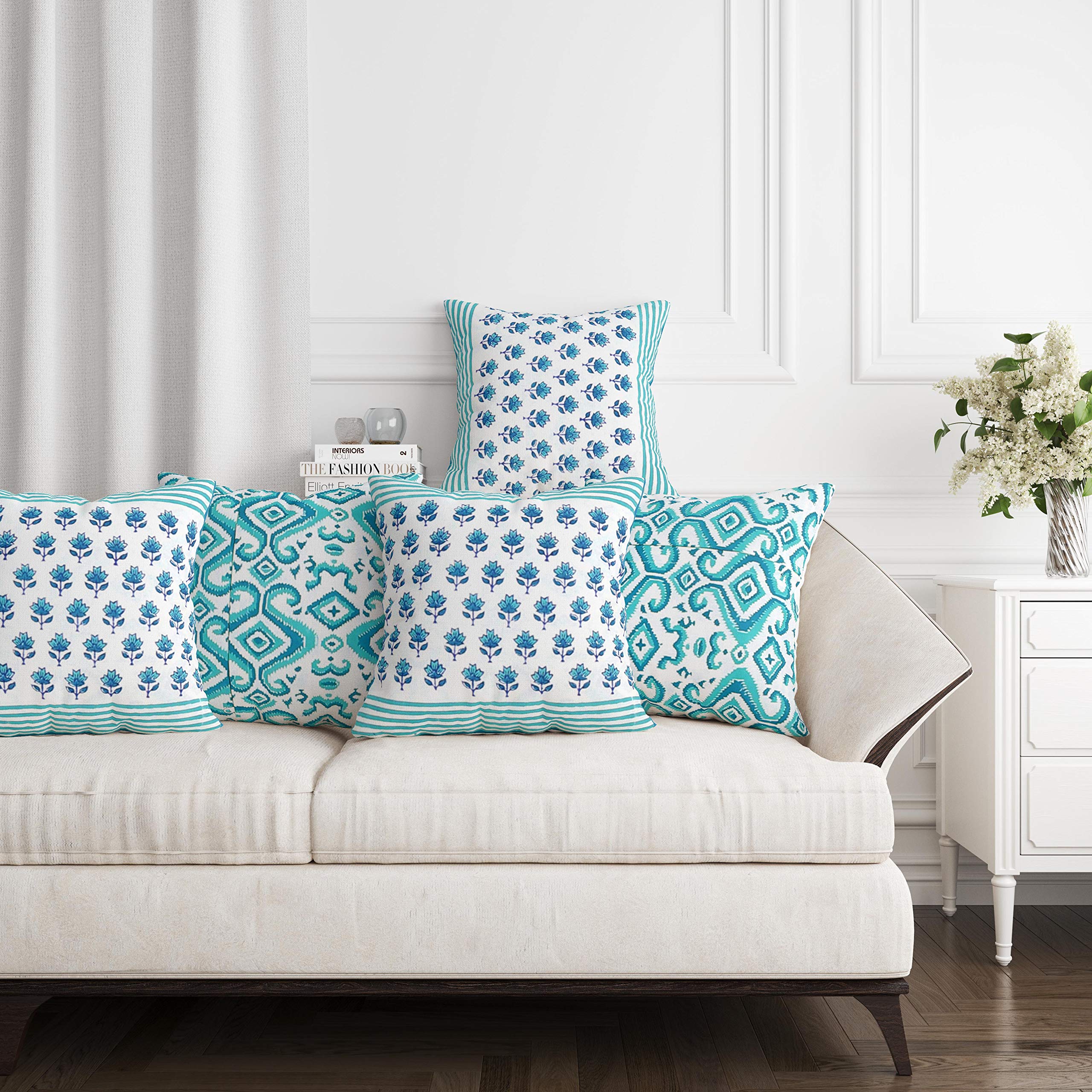 Blocks Of India Hand Block Printed Cotton Cushion Cover (16 X 16 Inches) (5, Green Buti), 250 Tc