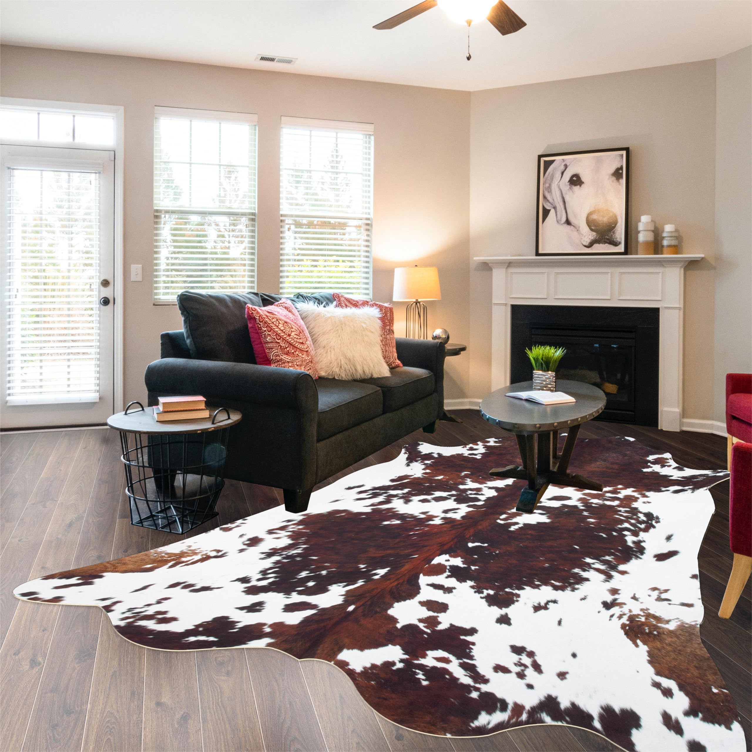 Cowhide Rug Cow Print Rug 4.6x5.2,Large Cow Hide Rug Rugs for Living Room Bedroom Dining Room Home Office Brown Cow Rug Animal P
