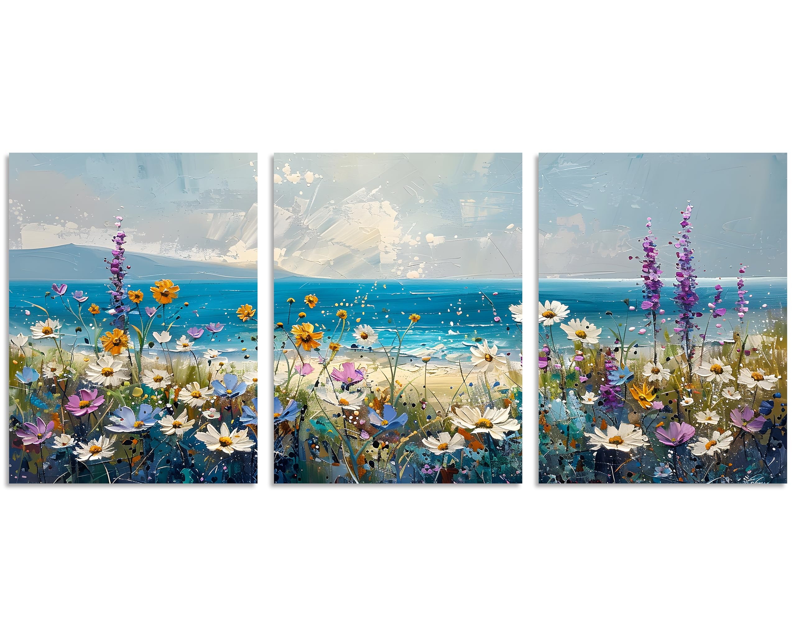 Tutubeer 3 Pcs Boho Beach Coastal Vintage Floral Wall Picture Rustic Wildflower Field Vintage Wall Art Canvas Prints Daisy Flowe