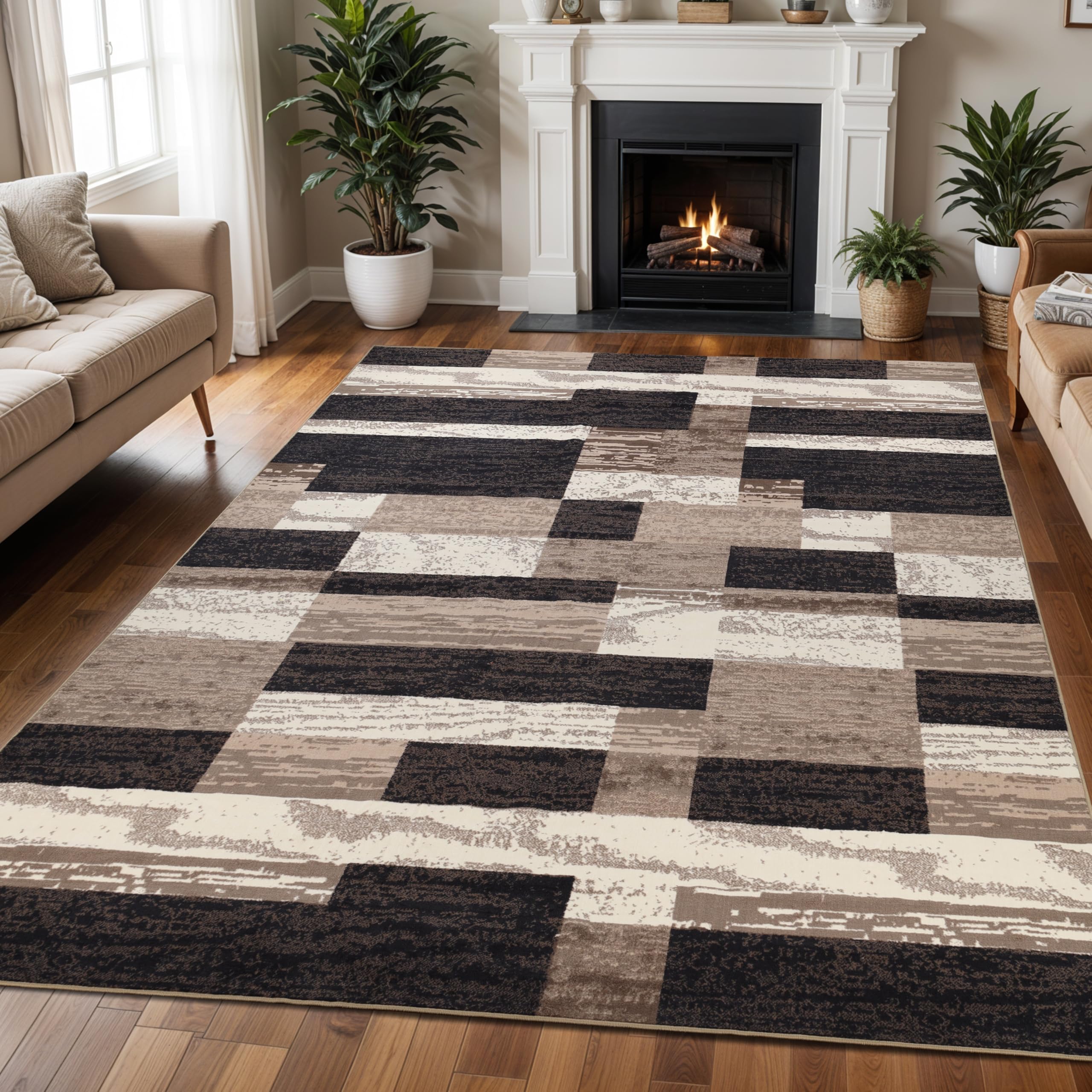 SUPERIOR Indoor Area Rug, Foam Backed, Modern Geometric Patchwork Floor Decor for Bedroom, Office, Living Room, Entryway, Hardwo