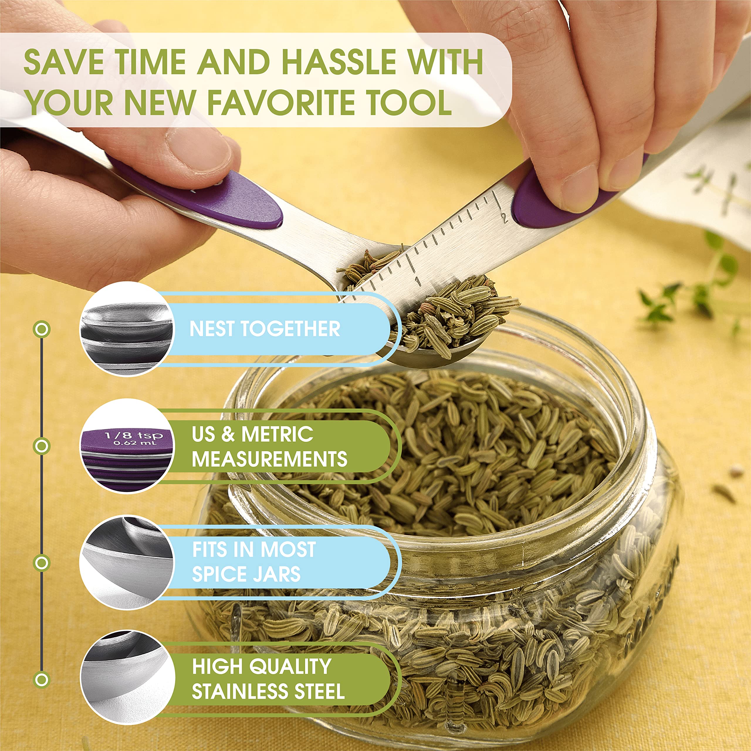 Spring Chef Purple Stainless Steel Magnetic Measuring Spoons Set Of 8 With Leveler, Dual Sided Metal Teaspoon & Tablespoon Measu