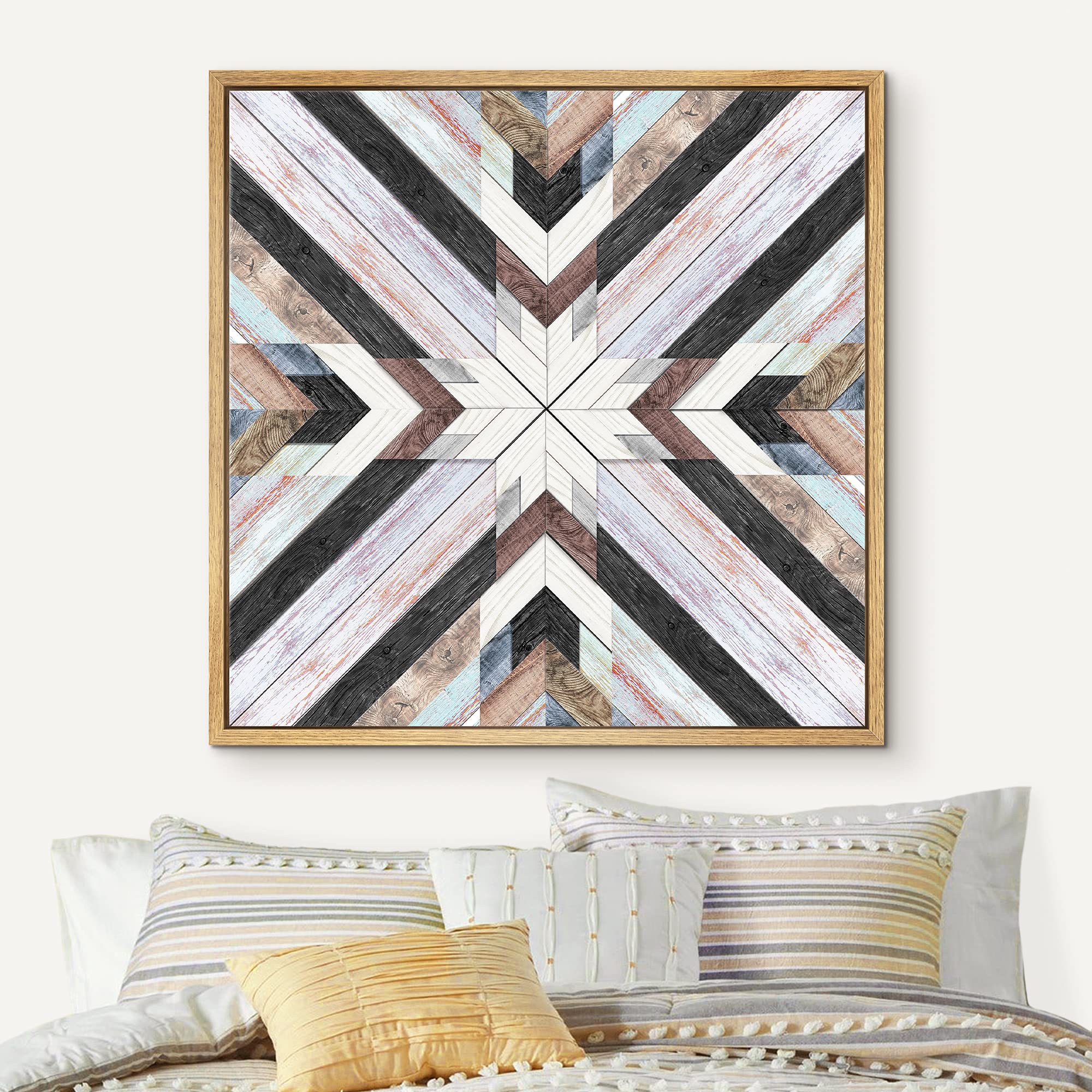 Idea4Wall Framed Canvas Print Wall Art Western Decor Pastel Watercolor Woodblock Display Abstract Geometric Wood Panels Modern A