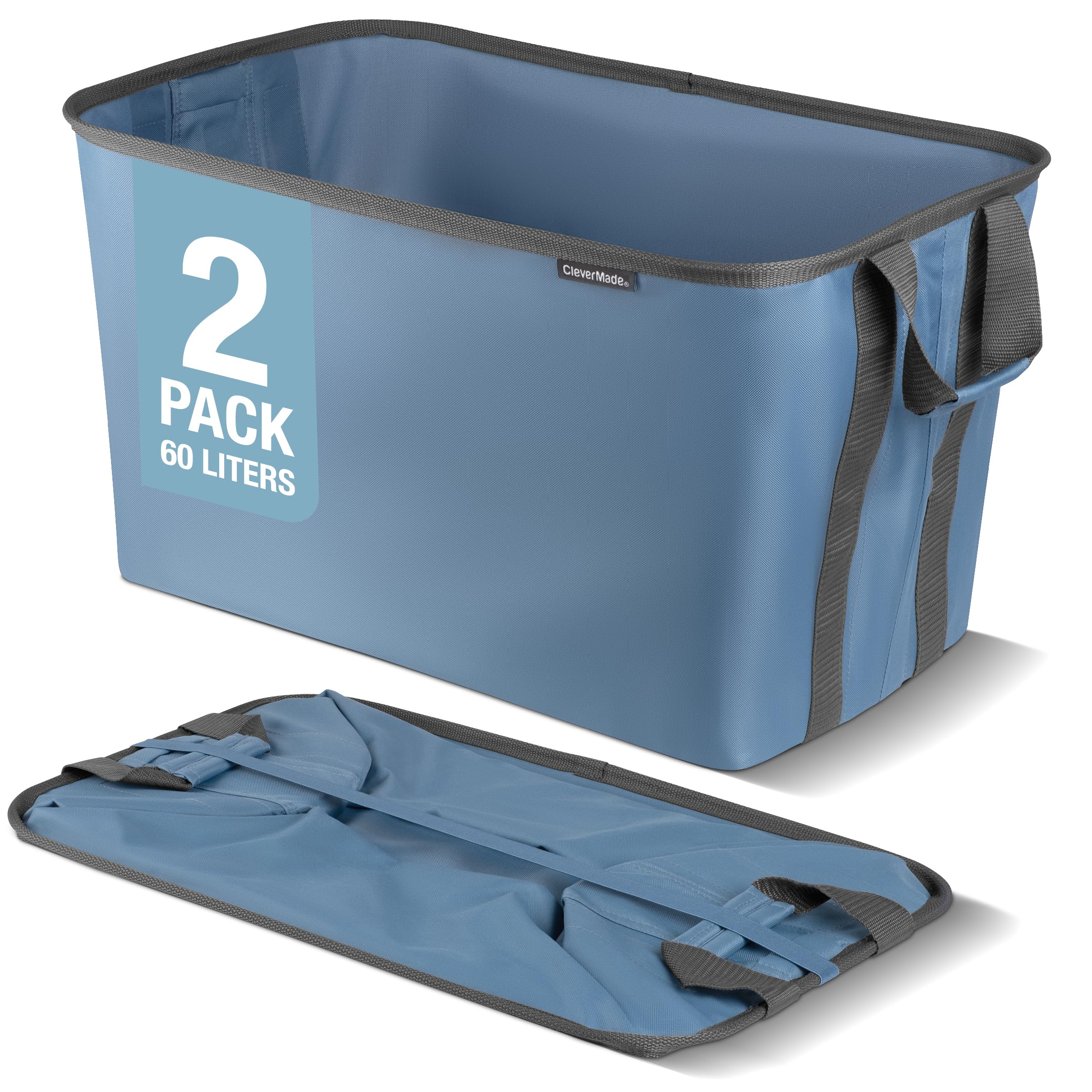 CleverMade Collapsible Laundry Baskets, Denim/Shadow Gray 2PK - 60L (16 Gal) Foldable Laundry Basket with Sturdy Pop-Up Wire Fra