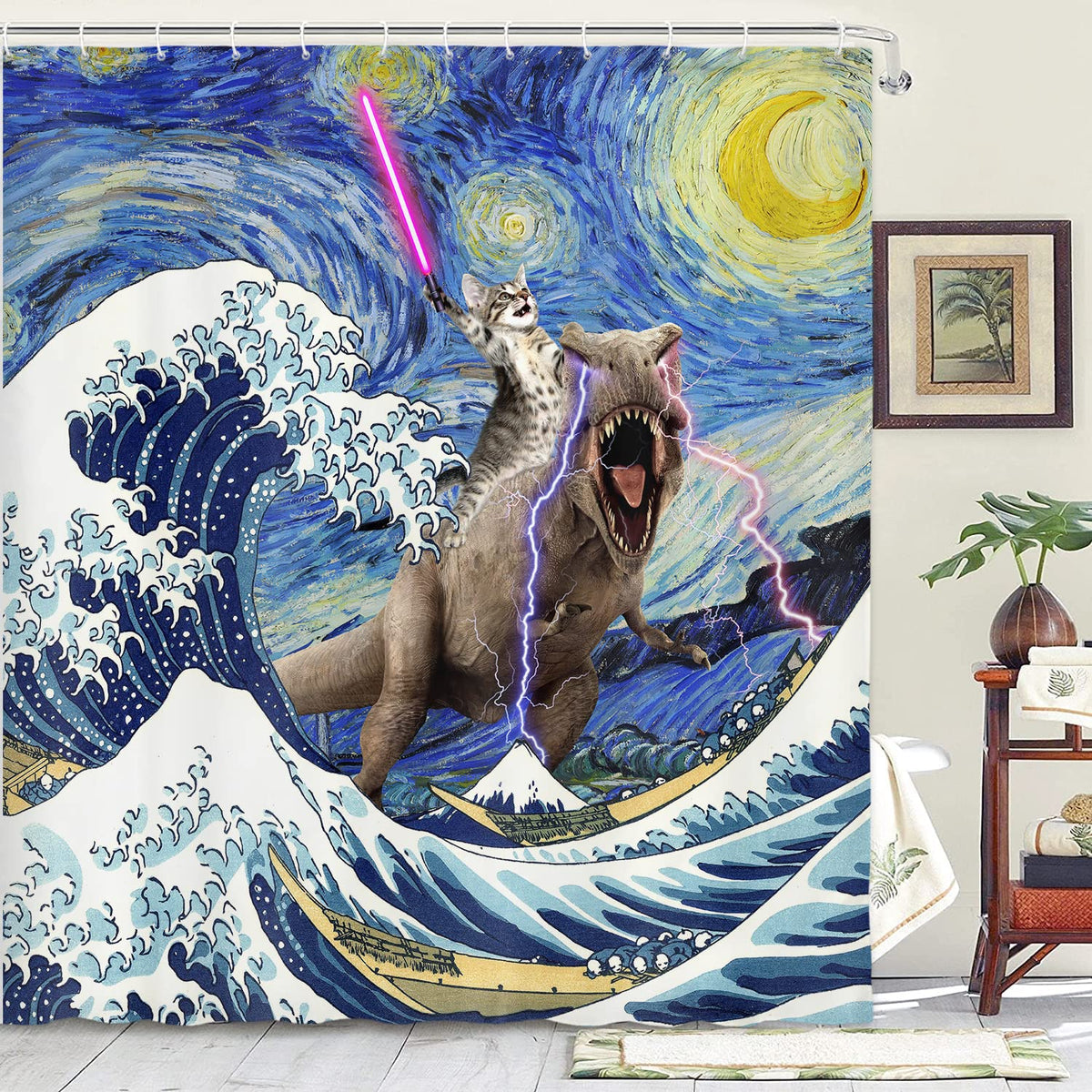 Xguatan Funny Cat Dinosaur Shower Curtain, Cool Cats Ride Dinosaur On Blue Teal Ocean Shower Curtain Set, Underwater Animal Fish