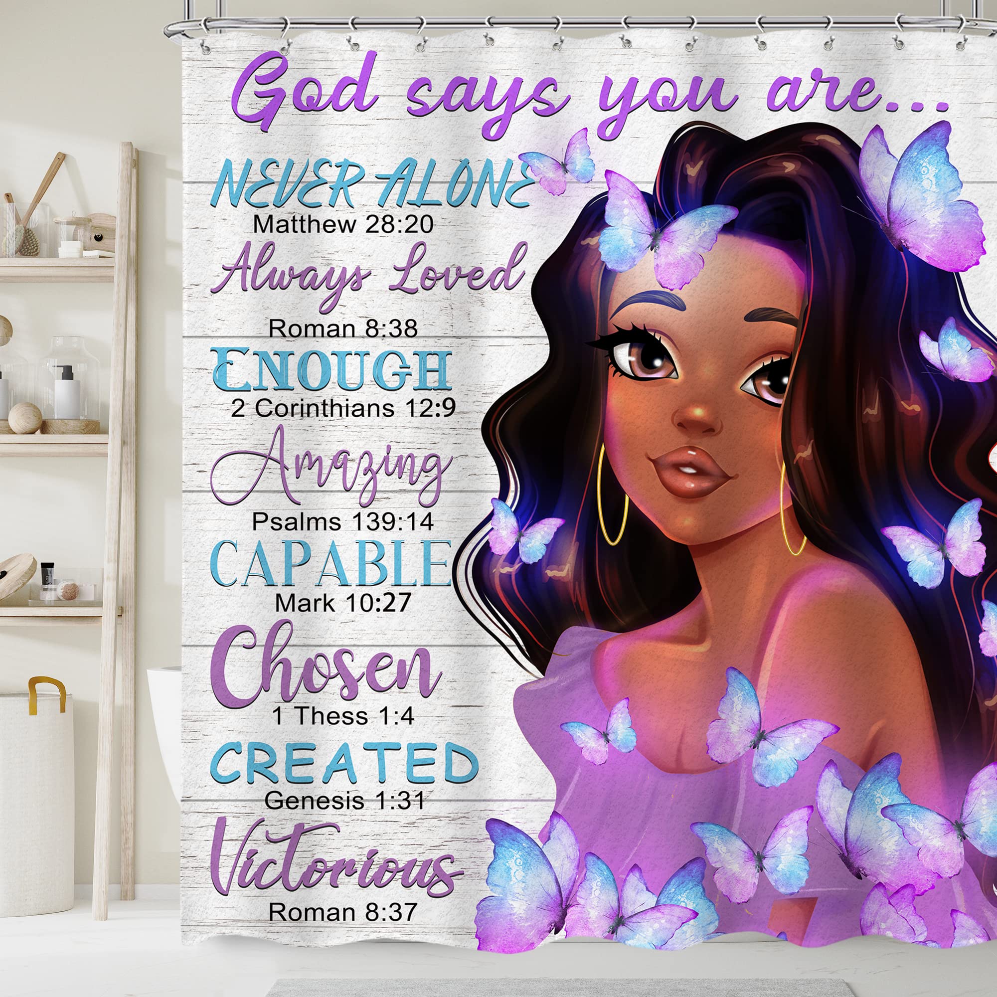 Omifly Black Girl Shower Curtain 60Wx72H Inch African American Woman Purple Butterfly Bible Verse Motivational Quote Scripture C