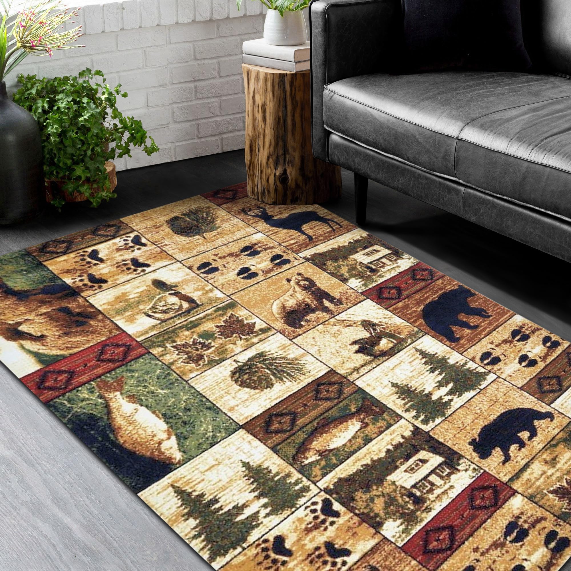 HR Cabin Collection 907-Rustic Rugs Contemporary Geometric Design Mother Bear and Cub/Fish/Lodge/Deer-Southwestern Design-Beige/