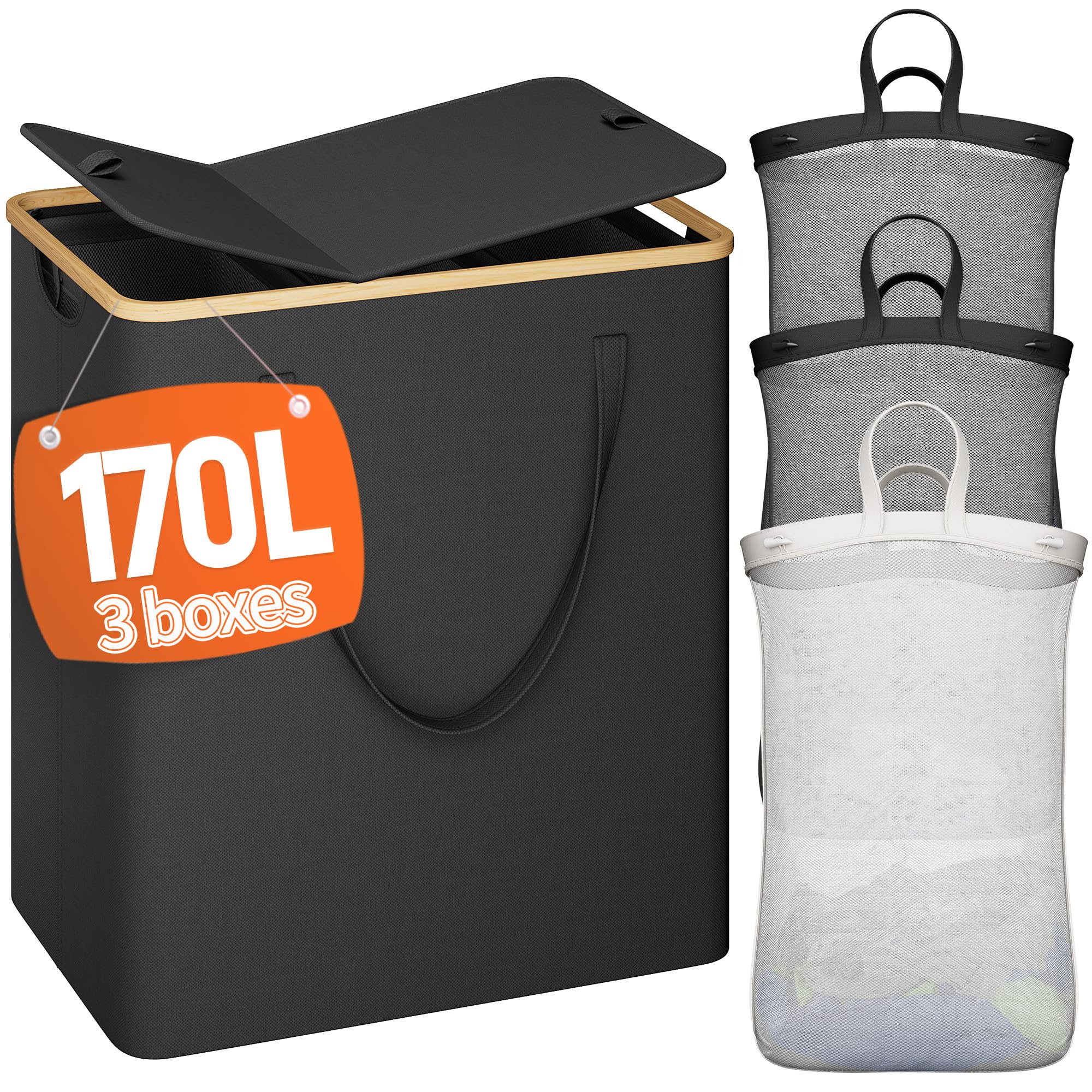 Raybee 170L Laundry Basket With Lid, Laundry Hamper With Lid, Dirty Laundry Hamper 3 Section Divided Laundry Basket Organizer Fo