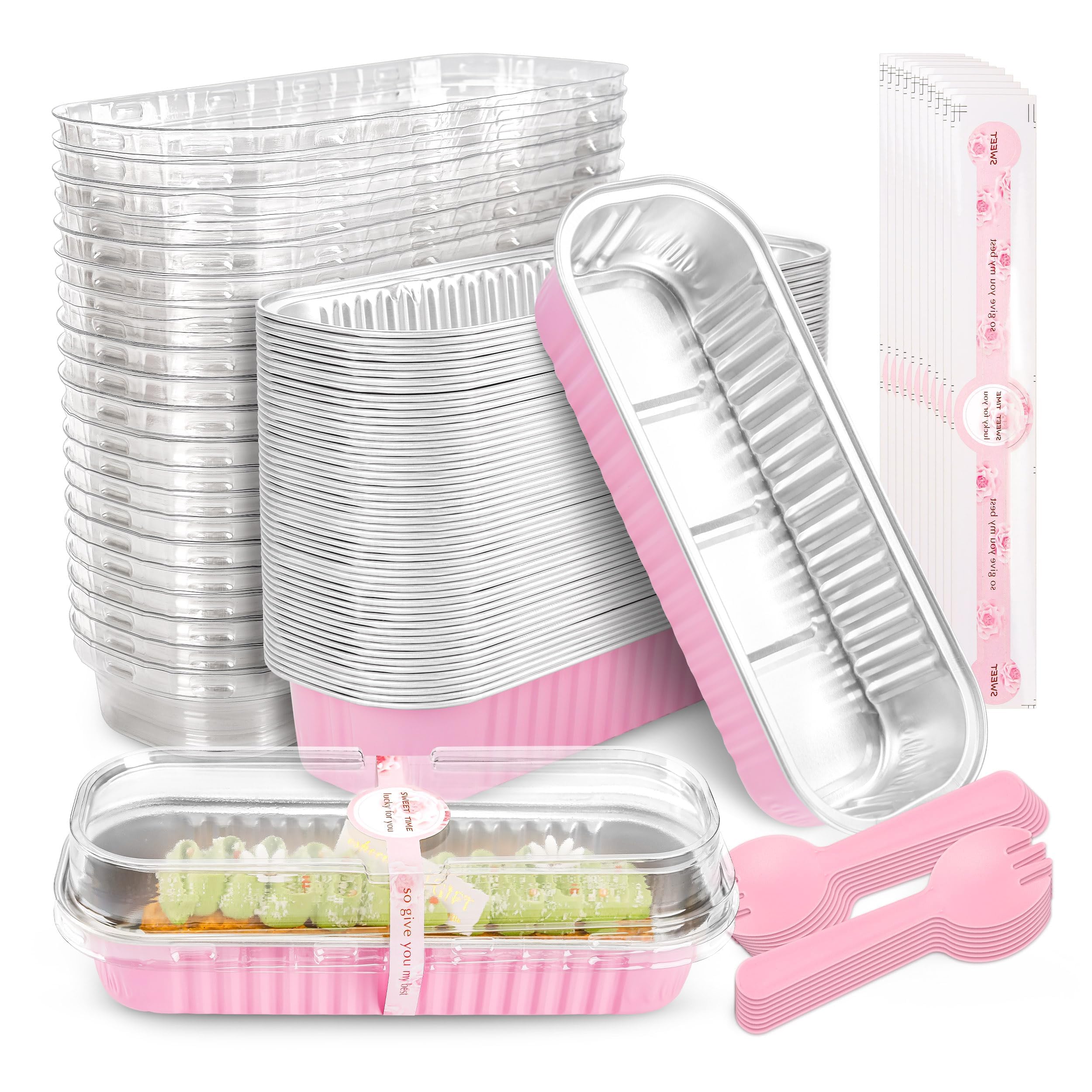 NPLUX 50 PACK Mini Cake Pans with Lids and Spoons,Rectangular Aluminum Foil Bread Pan,Mini Loaf Pans and Food Containers with Li