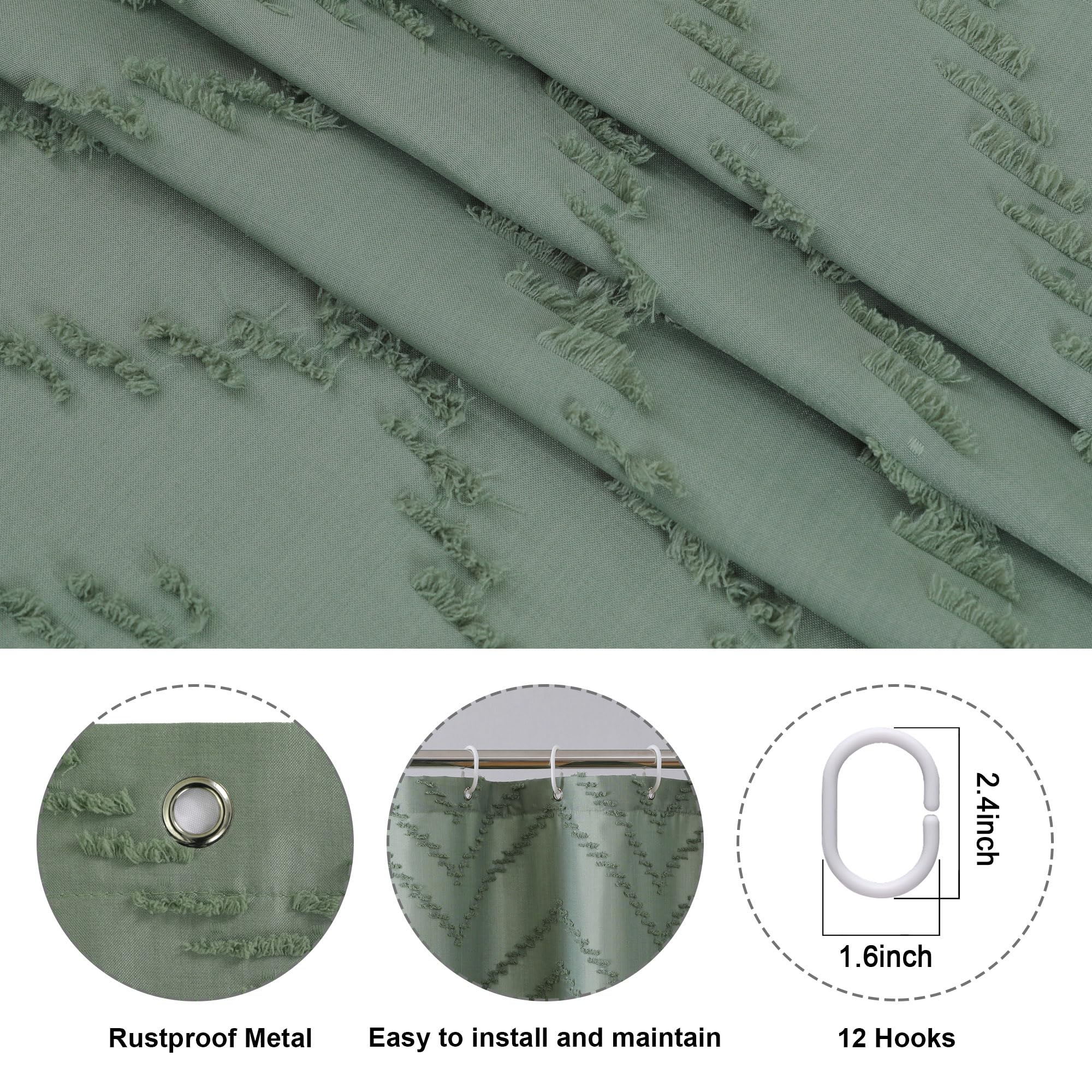 Chyhomenyc Chevron Extra Long Sage Green Boho Shower Curtain Set 72X96 Inches, Fabric Shower Curtain Modern Farmhouse Chic Textu