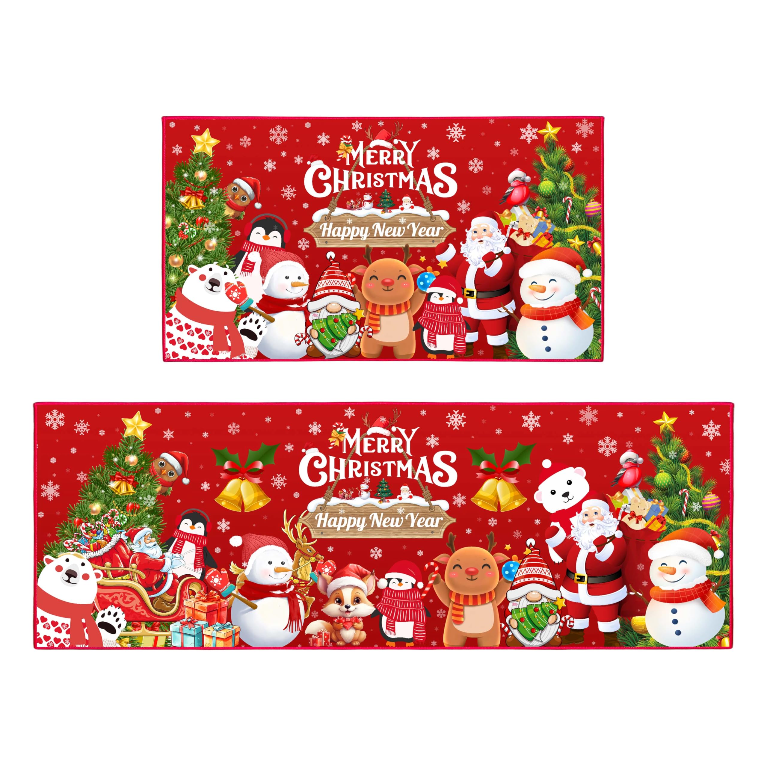 JWXCBIM 2 Pcs Christmas Kitchen Rugs and Mats, Merry Christmas and Happy New Year Home Kitchen Decoration Non-Slip Floor Mat Set