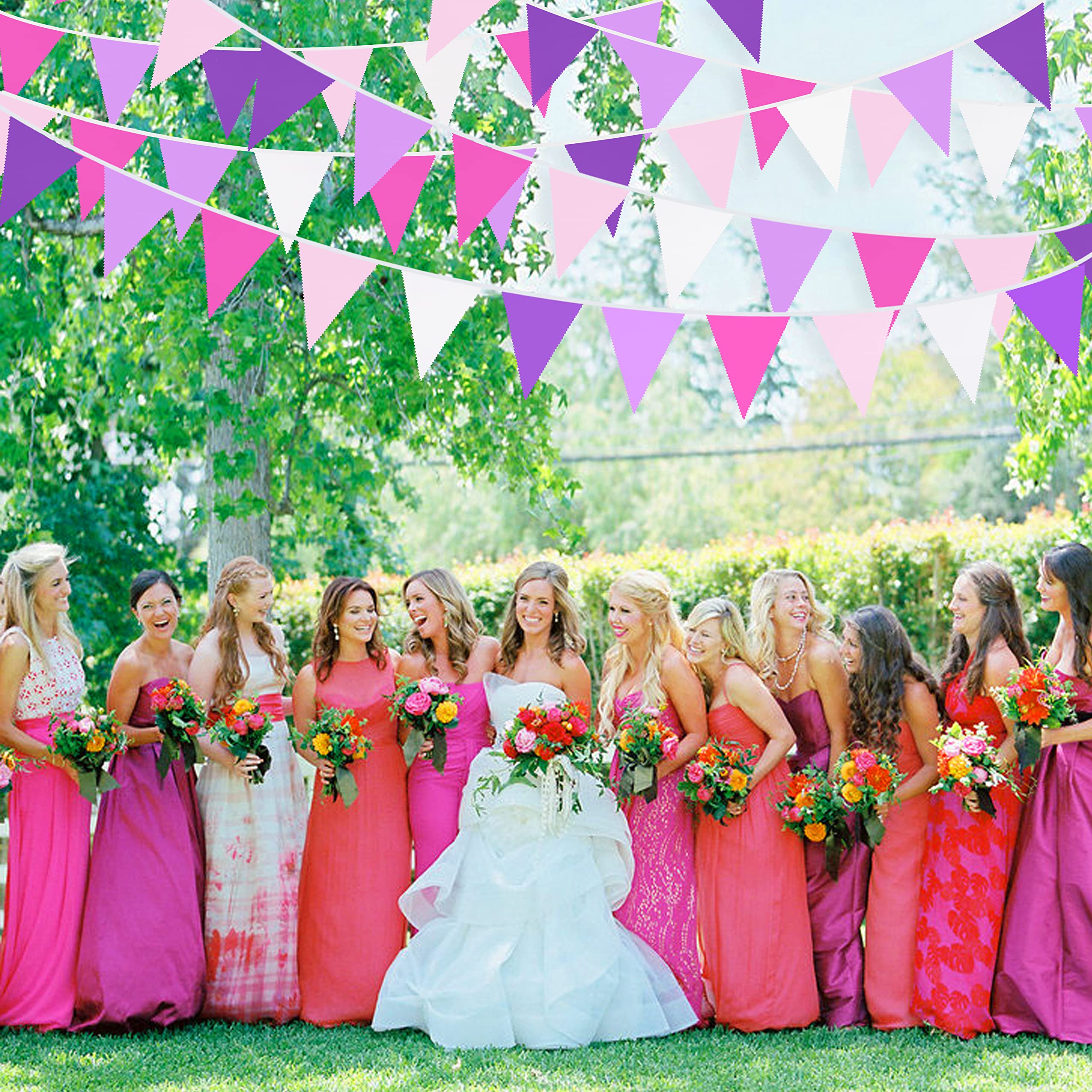 10M/32Ft Rose Pink Purple White Pennant Banner Fabric Triangle Flag Cotton Bunting Garland for Unicorn Birthday Wedding Anniversary Party Home Nursery Outdoor Garden Hanging Festivals Decoration