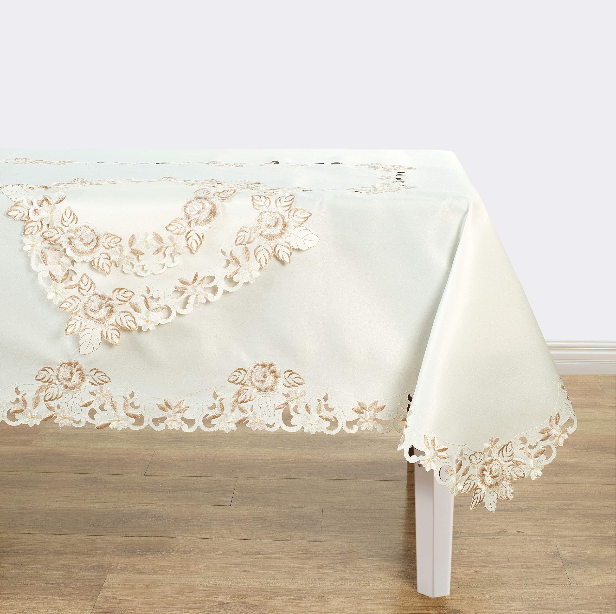 Light Beige Table Cloth - Rectangle Lace Linen Tablecloth Intricate Cutouts Embroidery - Perfect For Kitchen Dining Room Table H