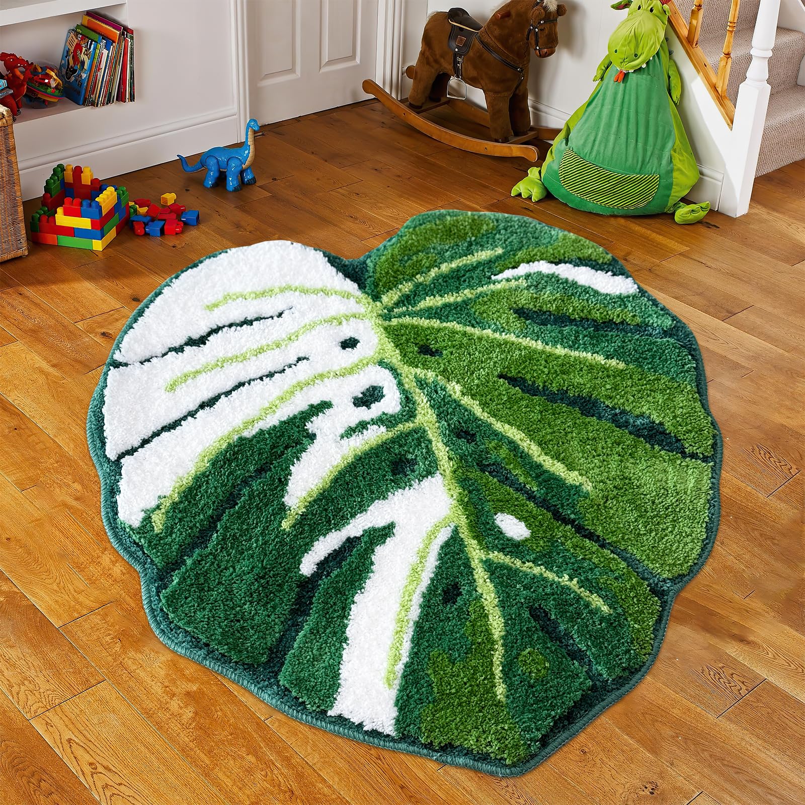Sisher Green Leaf Bathroom Rug Large Monstera Rug Kids Rug Green Leaf Area Rug Non Slip Comfortable Carpet For Bedroom Bathroom