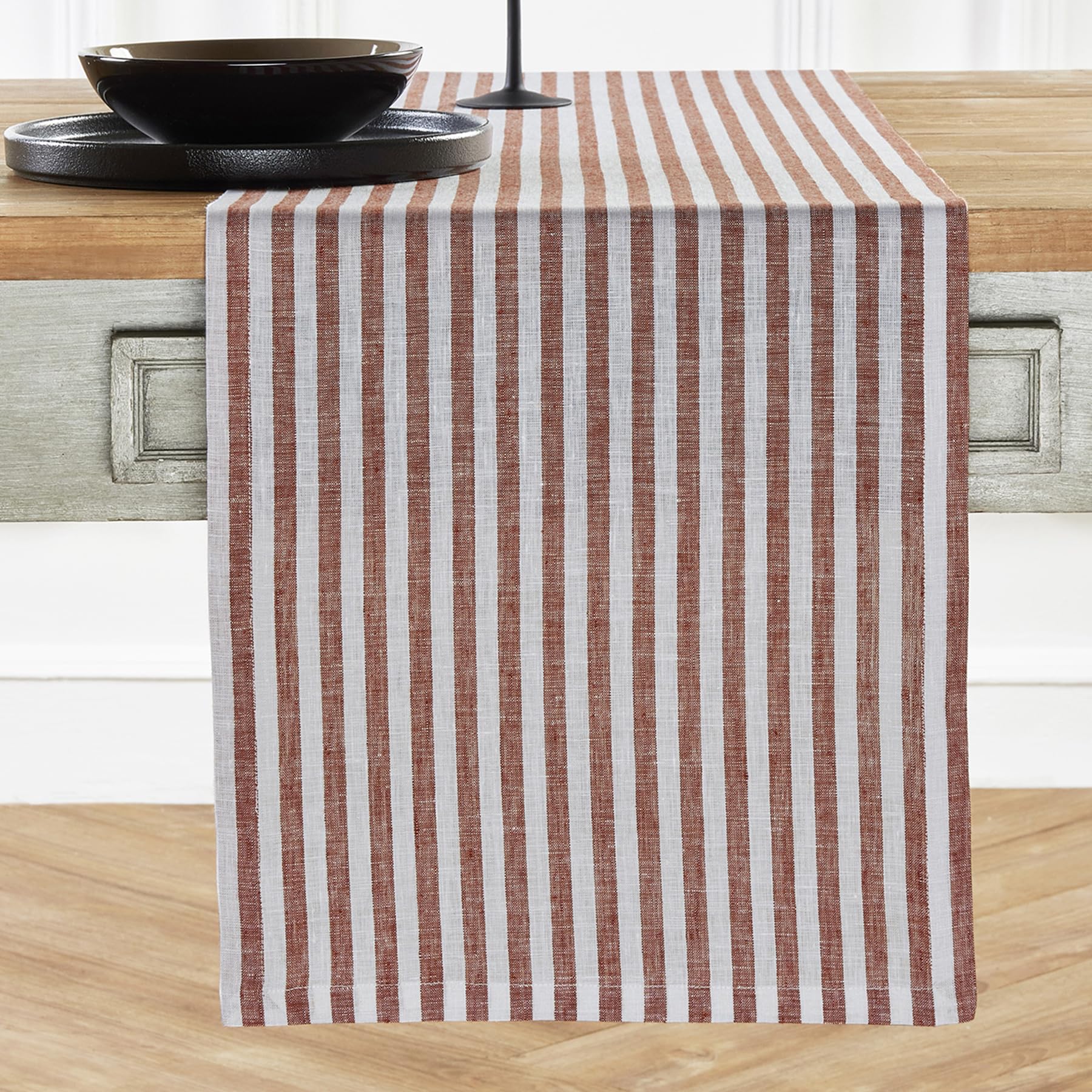 Solino Home Stripe Linen Table Runner 60 Inch - 100% Pure Linen Cinnamon and White Short Table Runner 14 x 60 Inch Ideal for Dre