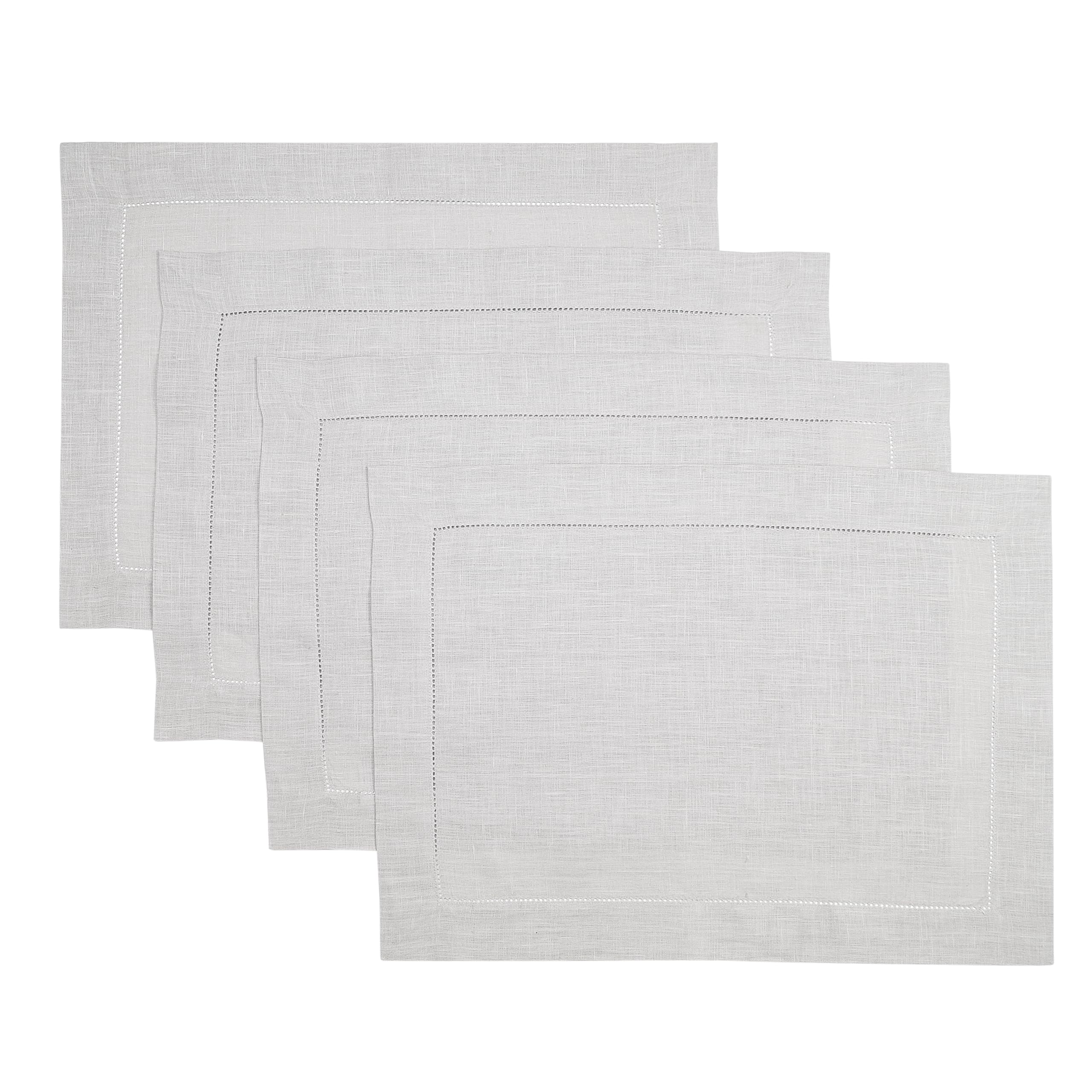 D'Moksha Homes Linen Placemats Set Of 4-100% Pure Linen Silver Grey Placemats 14 X 19 Inch - Classic Hemstitch, Washable Silver