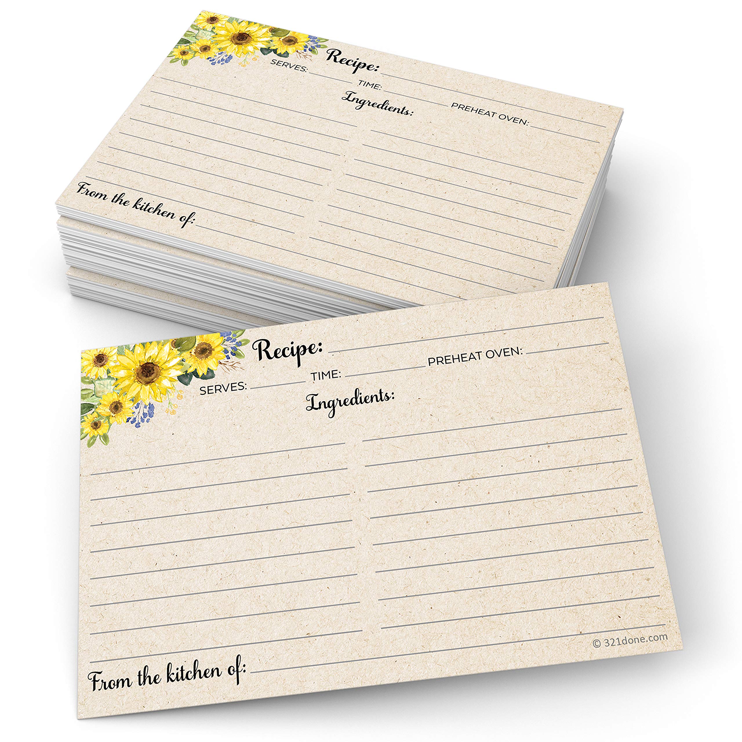 321Done Sunflower Recipe Cards (Set Of 50) Large 4X6 - Rustic Kraft Tan, From The Kitchen Of - Double-Sided For Weddings, Bridal