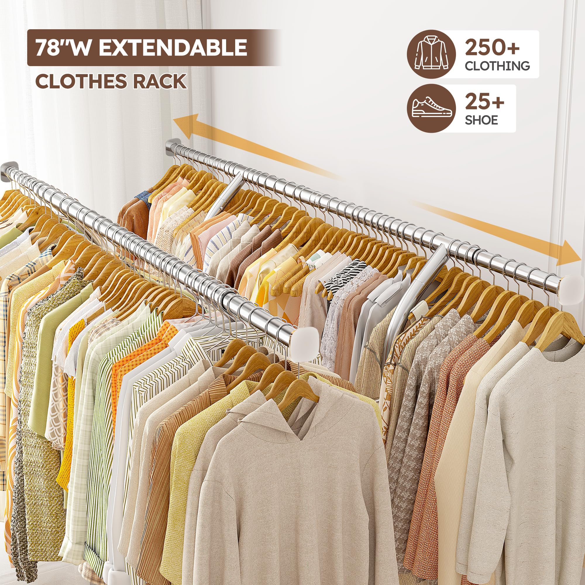 Raybee 78''W Clothes Rack Heavy Duty Loads 650Lbs, Clothing Racks For Hanging Clothes, Rolling Clothing Rack With Shelves, Cloth