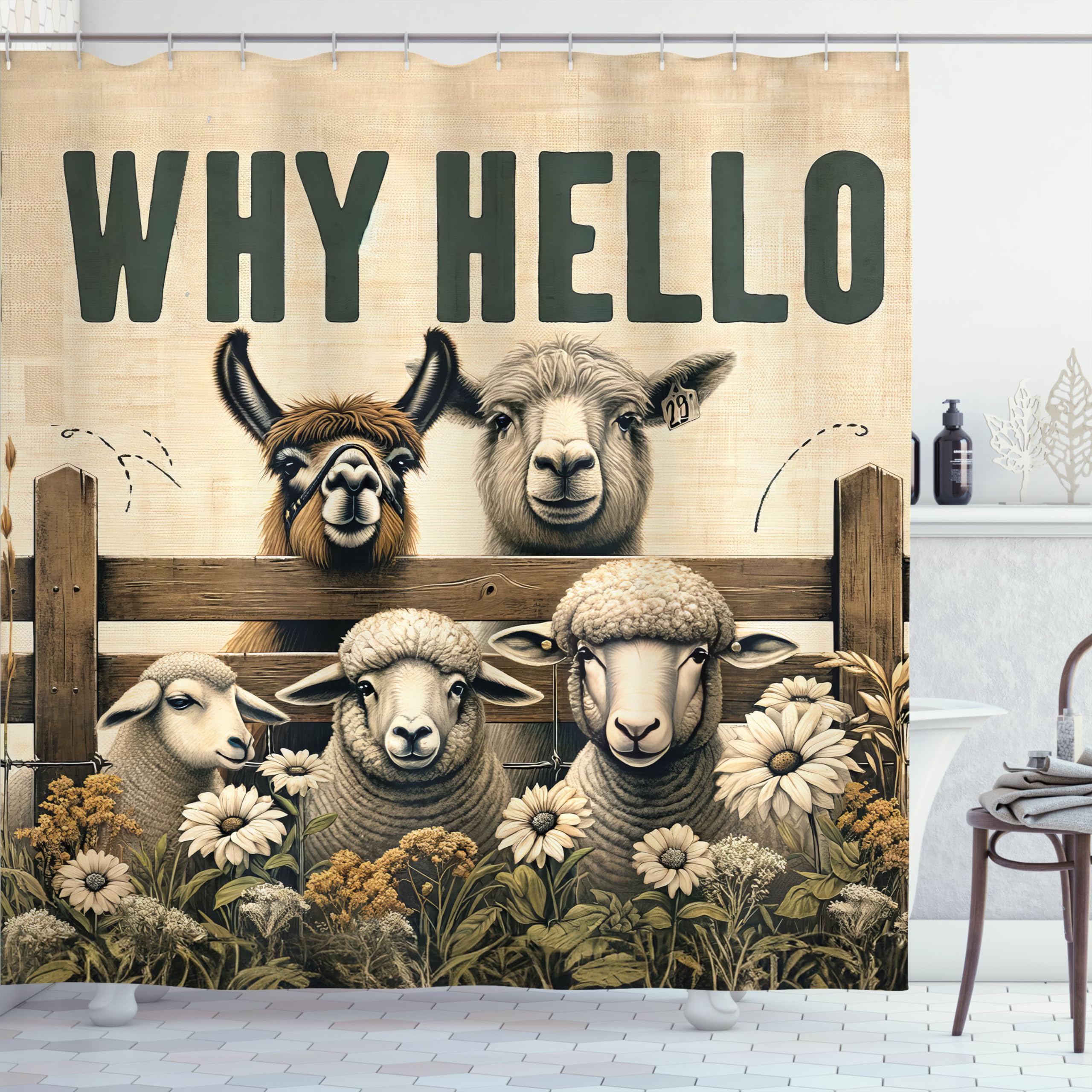 Ambesonne Farmhouse Shower Curtain, Why Hello Lettering With Alpaca Cow And Sheep In Meadow Flowers, Cloth Fabric Bathroom Decor