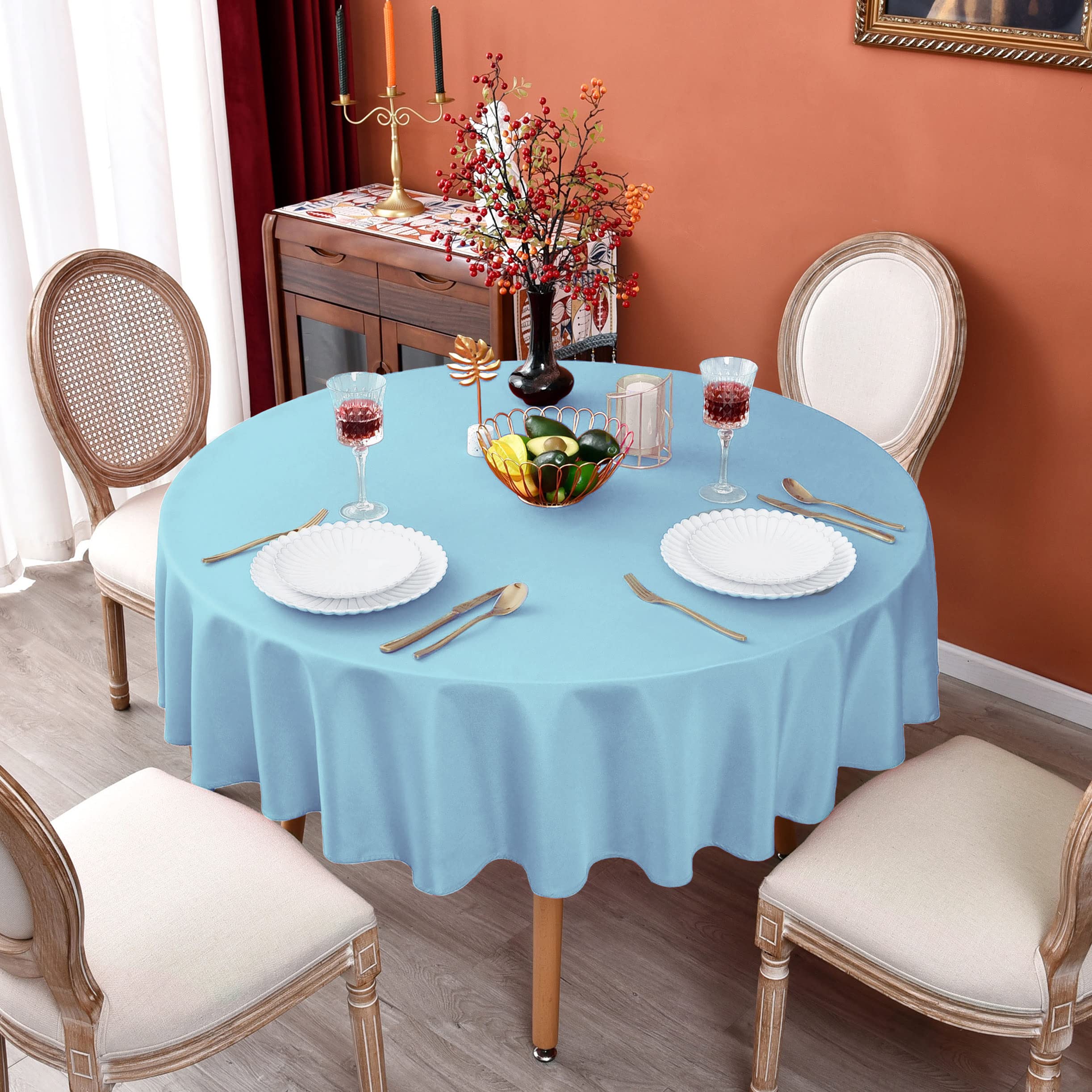MEANMOY Baby Blue 210 GSM Water & Stain Resistant Round Tablecloth for Circle Table - Solid 60 Inch Table Cloth Cover in Wrinkle Free Durable Washable Polyester Fabric for Wedding  Party  Banquet