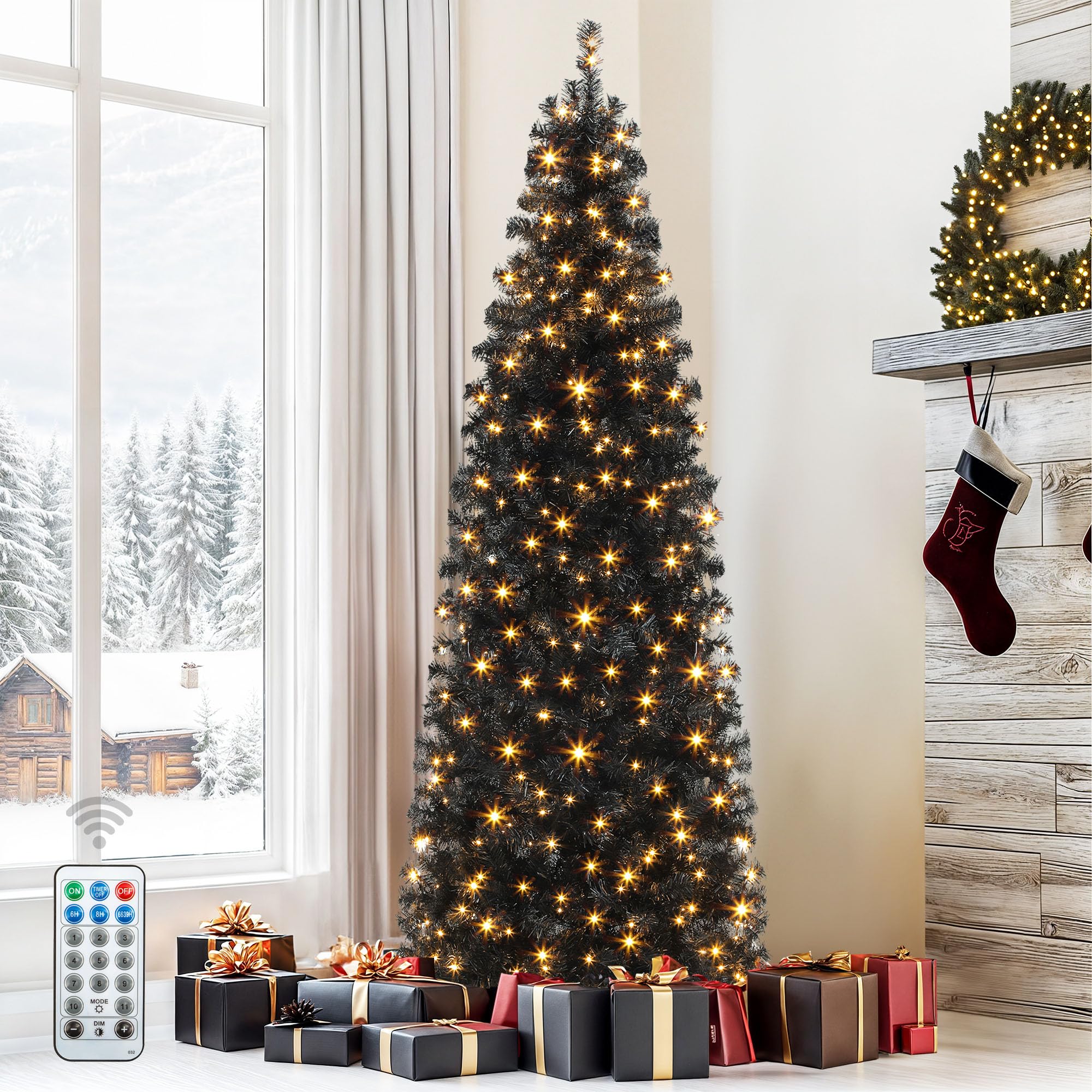 DWVO Pre-Lit Slim Artificial Pencil Tree 7.5ft, Black Hinged Design for Halloween and Christmas with 1000 Branch Tips and 350 Li