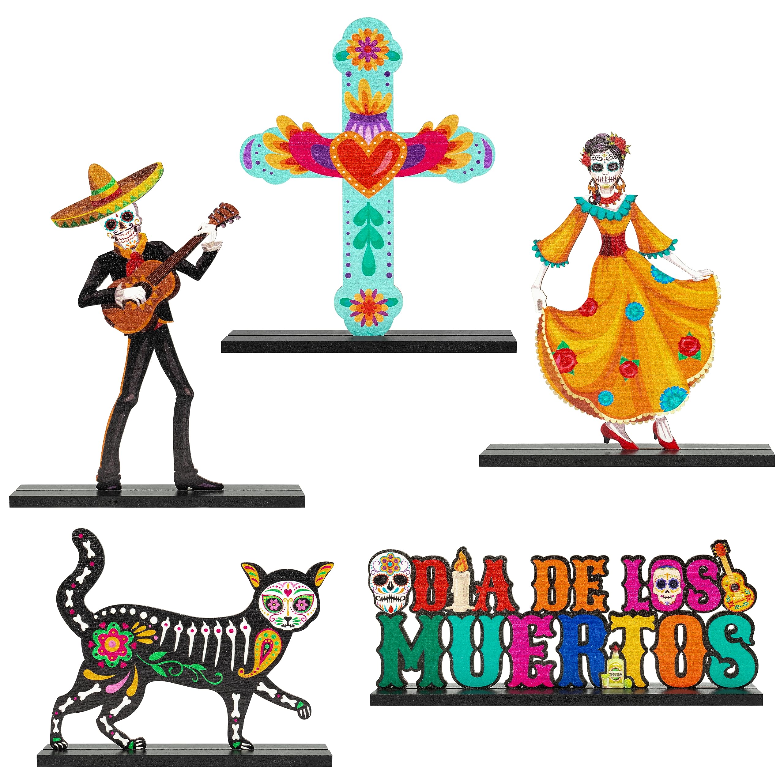 WATINC 5pcs Day of the Dead Wooden Centerpiece Table Decorations, Dia De Los Muertos Mexican Halloween Table Topper, Detachable 