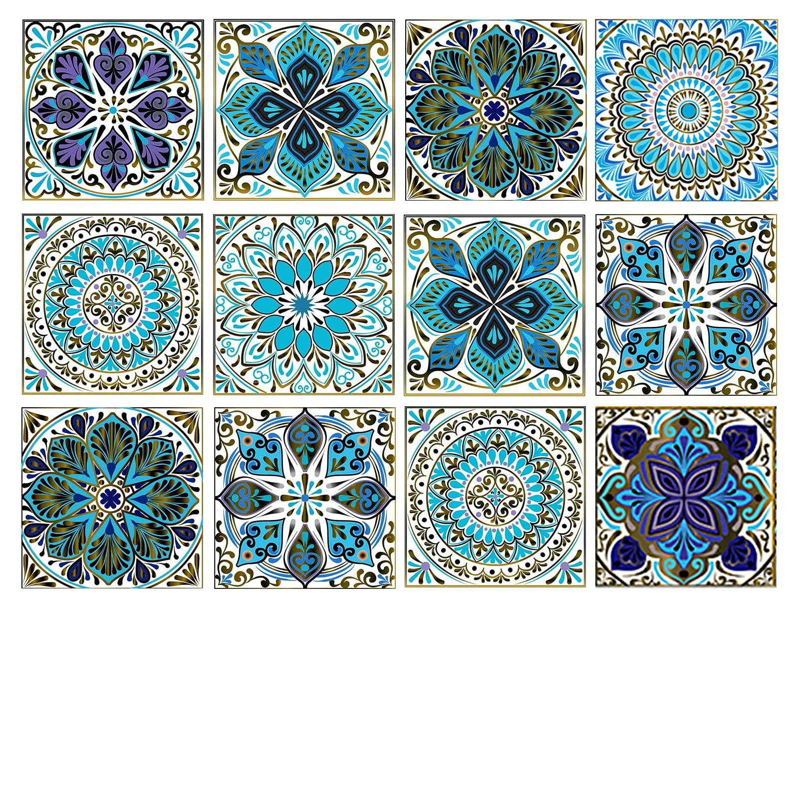 Kakofaci Mandala Style 12 Pcs (6X6 In) Decorative Tile Stickers, Peel And Stick Self Adhesive Removable Moroccan Talavera Tiles