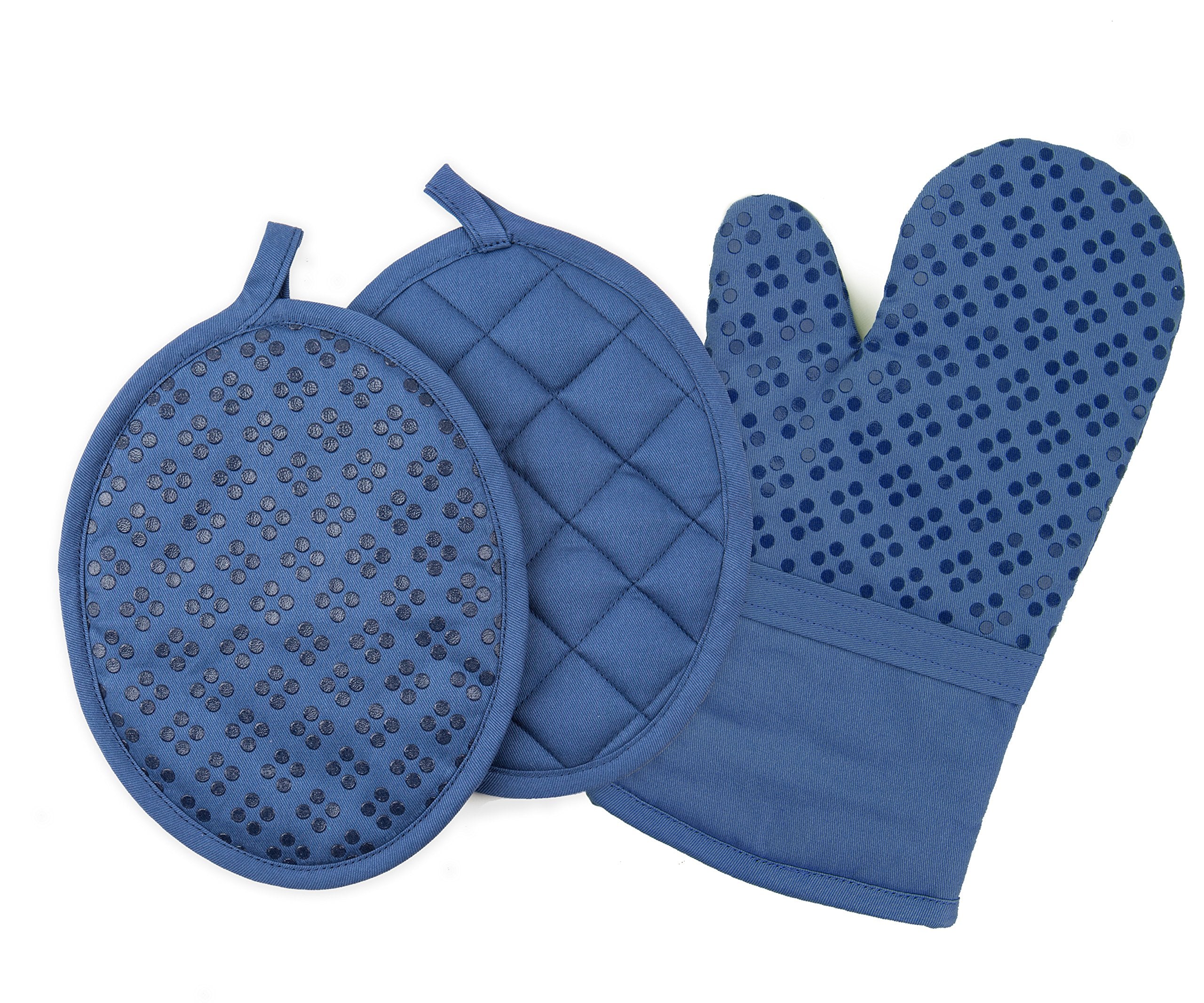 Oven Mitt And Pot Holders Silicone Set Of 3, Non-Slip Kitchen Hot Pads And Oven Mitts Set, Oeko-Tex 100% Cotton Shell, Dark Blue