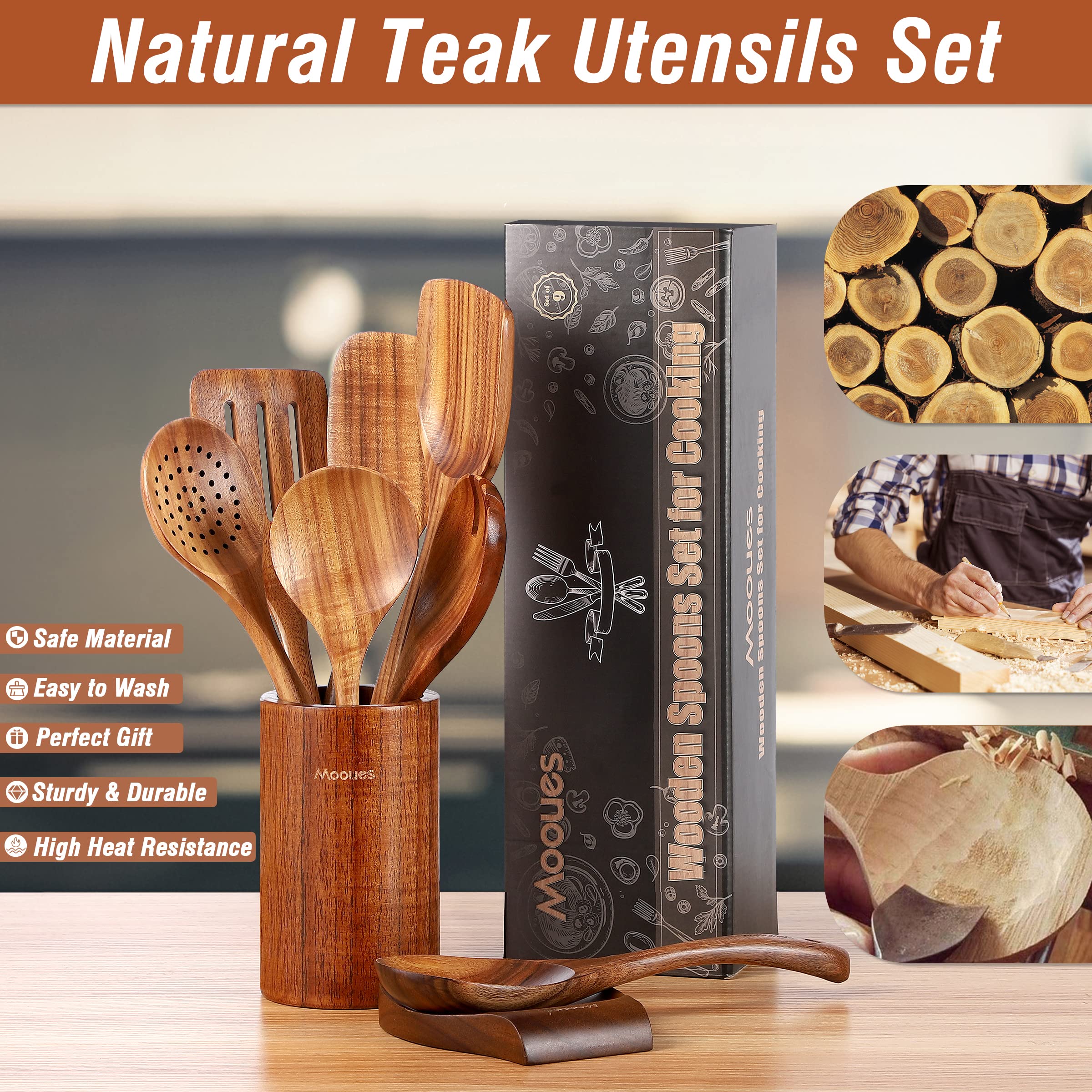 Mooues 9 Piece Natural Teak Wooden Kitchen Utensil Set With Spoon Rest - Comfort Grip Cooking Spoons And Utensils Holder