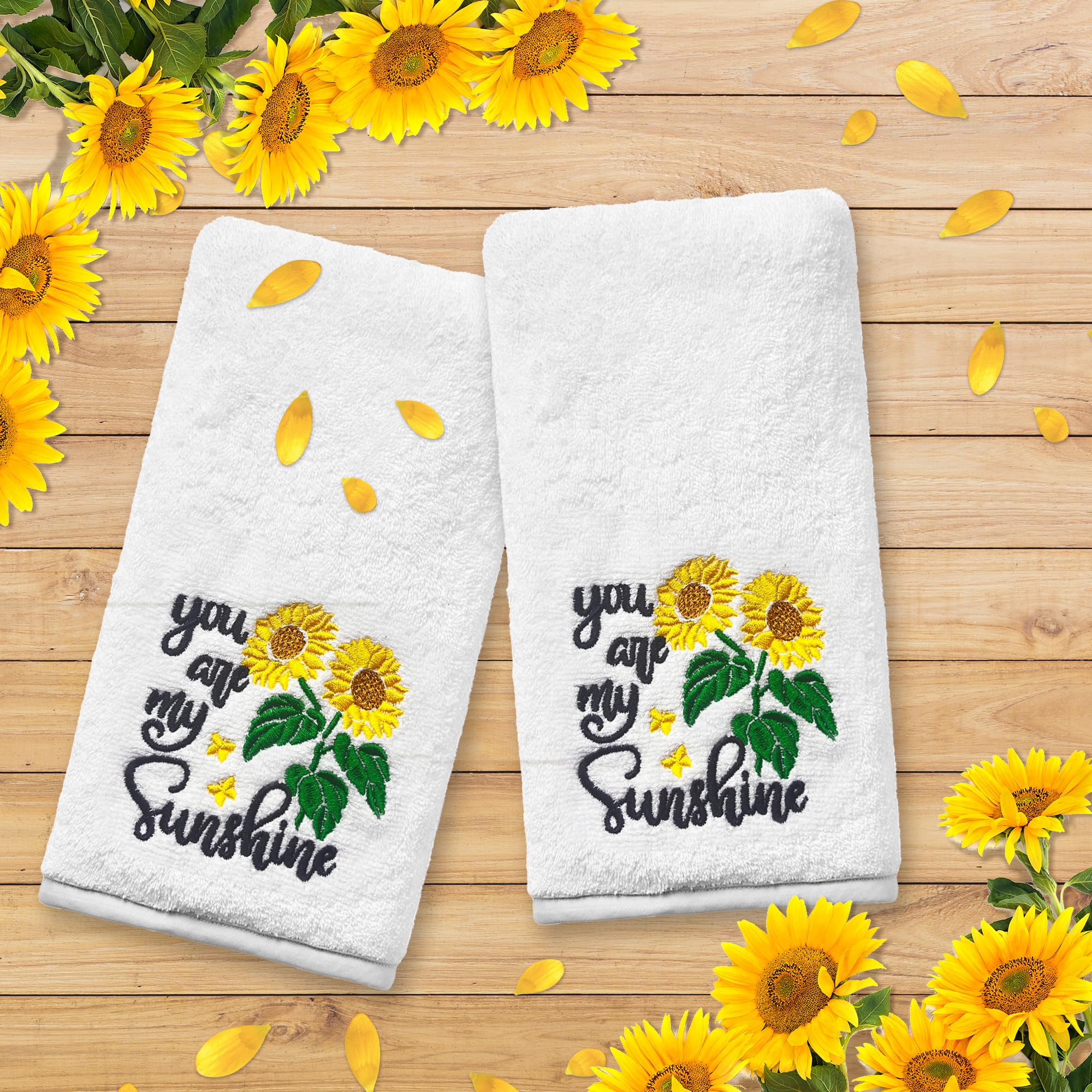 Sunflower Hand Towels For Bathroom Set Of 2, Sunflower Bathroom Decor Embroidered Sunflower You Are My Sunshine Pattern, Sunflow