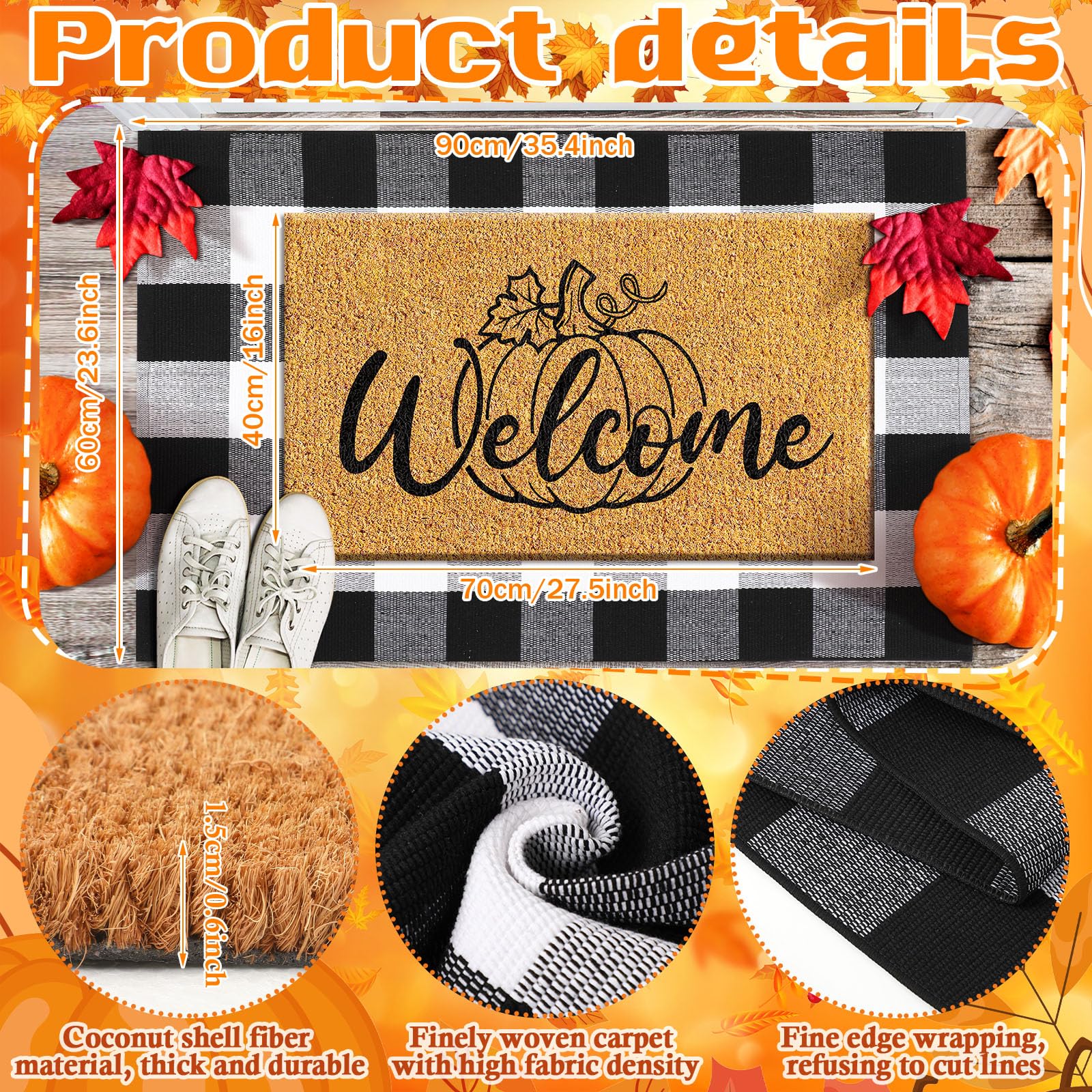 Duraaamo 2Pcs Thanksgiving Coir Door Mat Outdoor Pumpkin Welcome Doormat Fall Layered Buffalo Black and White Checkered Rug Outd