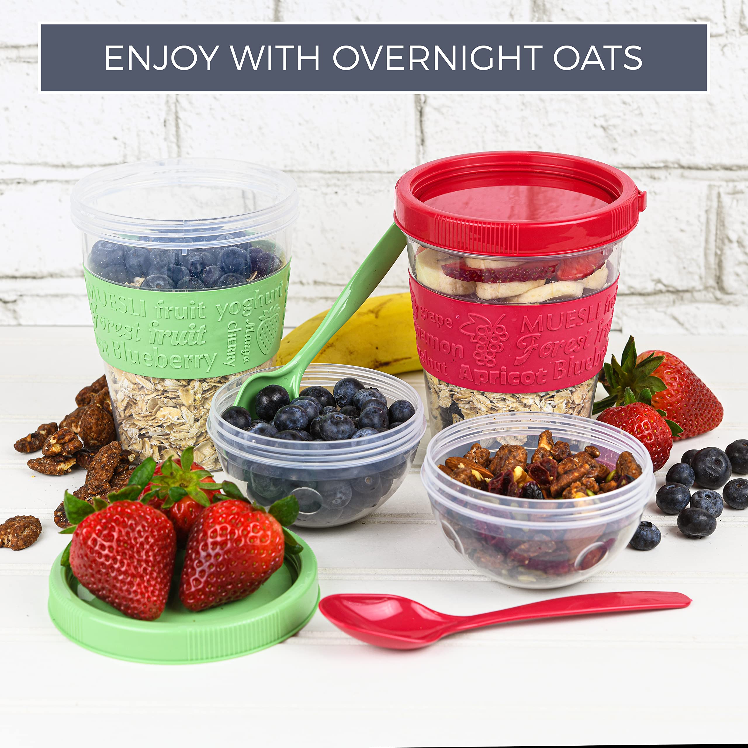 Tribello 20 Oz Overnight Oats Container With Lid, Set Of 4 Crunch Cups To Go, Portable Parfait Cup With Compartments For Topping