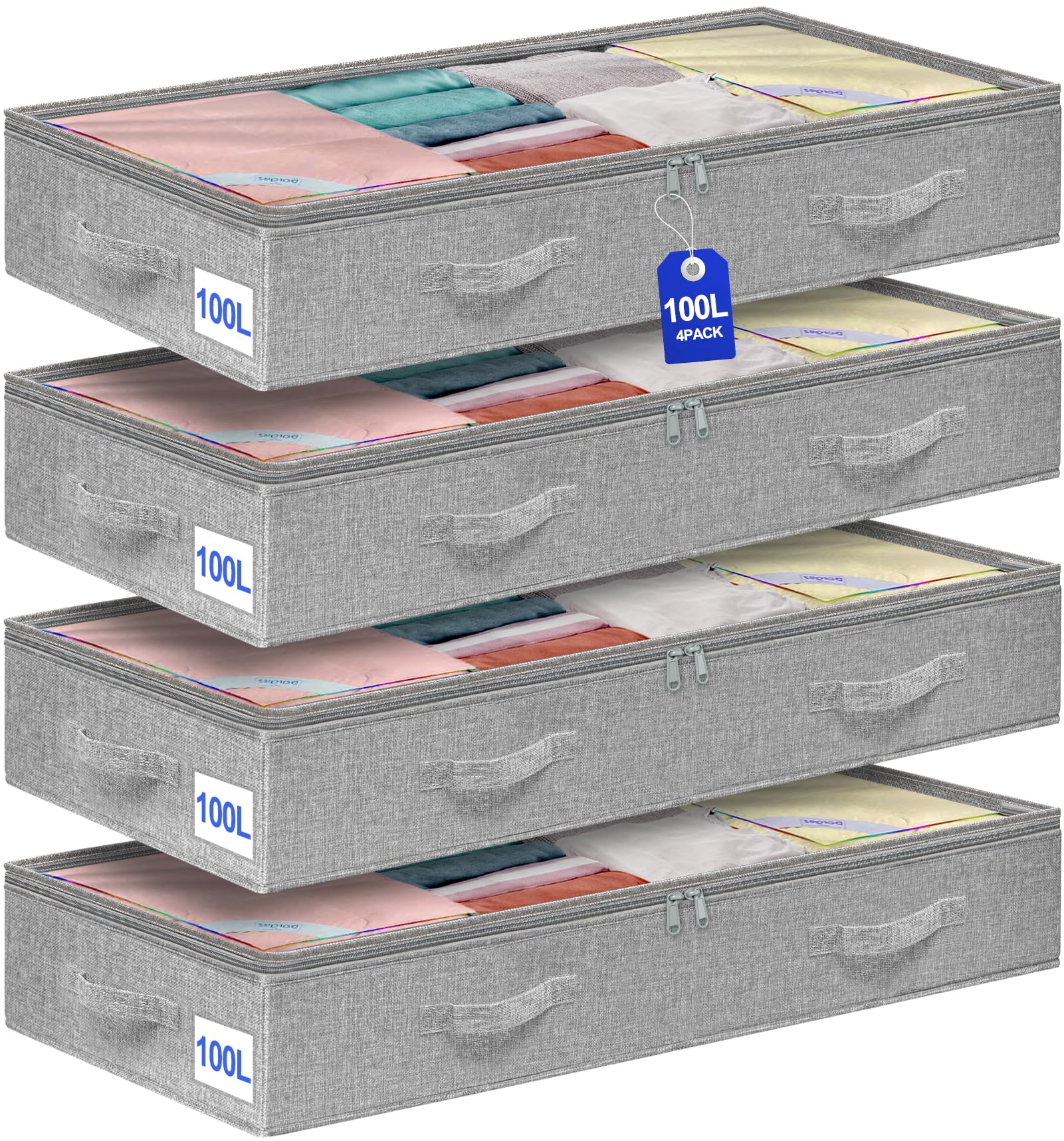 punemi 100L Under Bed Storage Containers, Extra Large Underbed Storage, NO STRUCTURE, Soft Foldable Zipper Cloth Blanket Storage