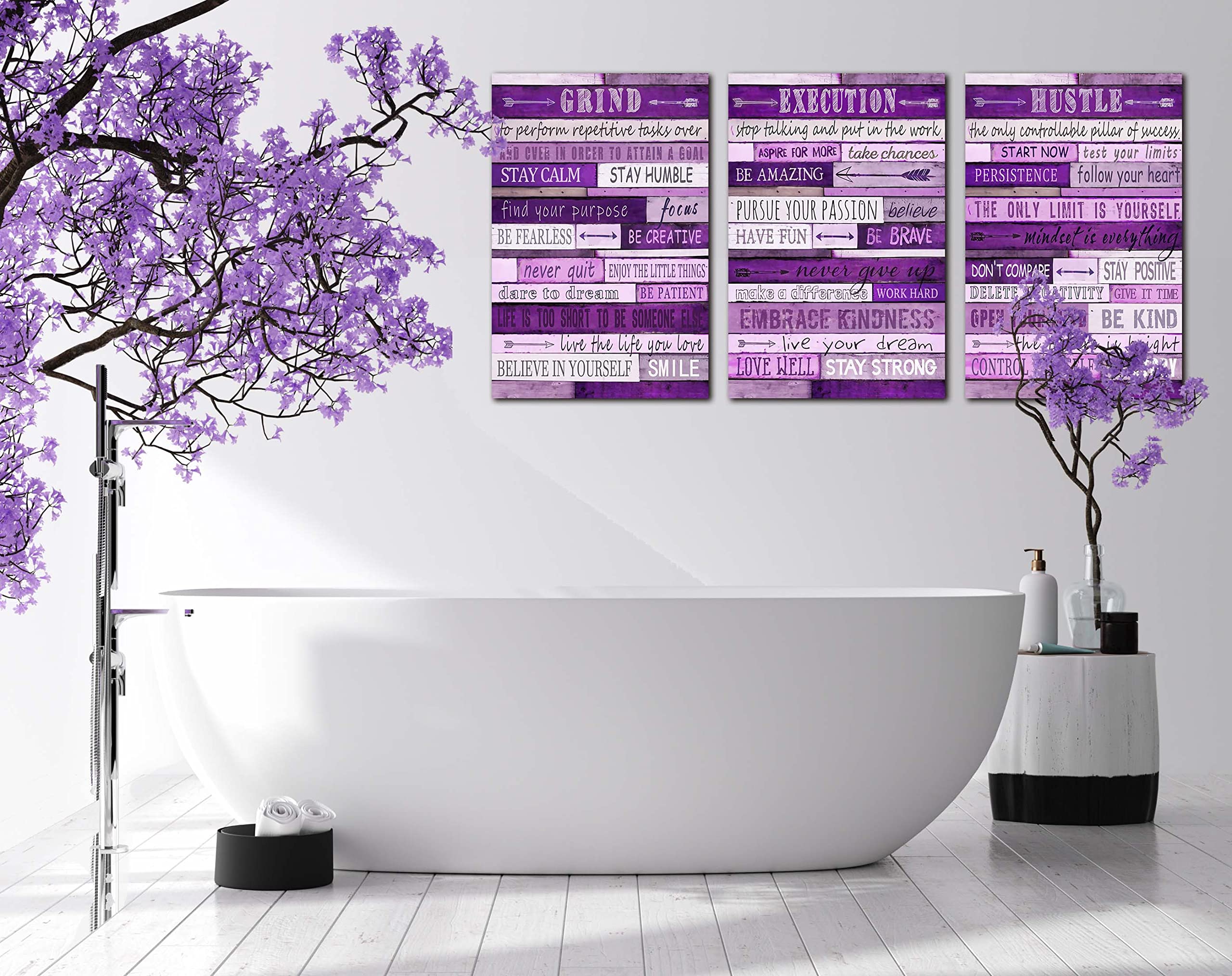 Purple Room Decor for Women - Motivational Inspirational Quotes Wall Art for Office - Large Canvas Wall Art Ready to Hang Size 16'' x 24'' x 3 Pieces