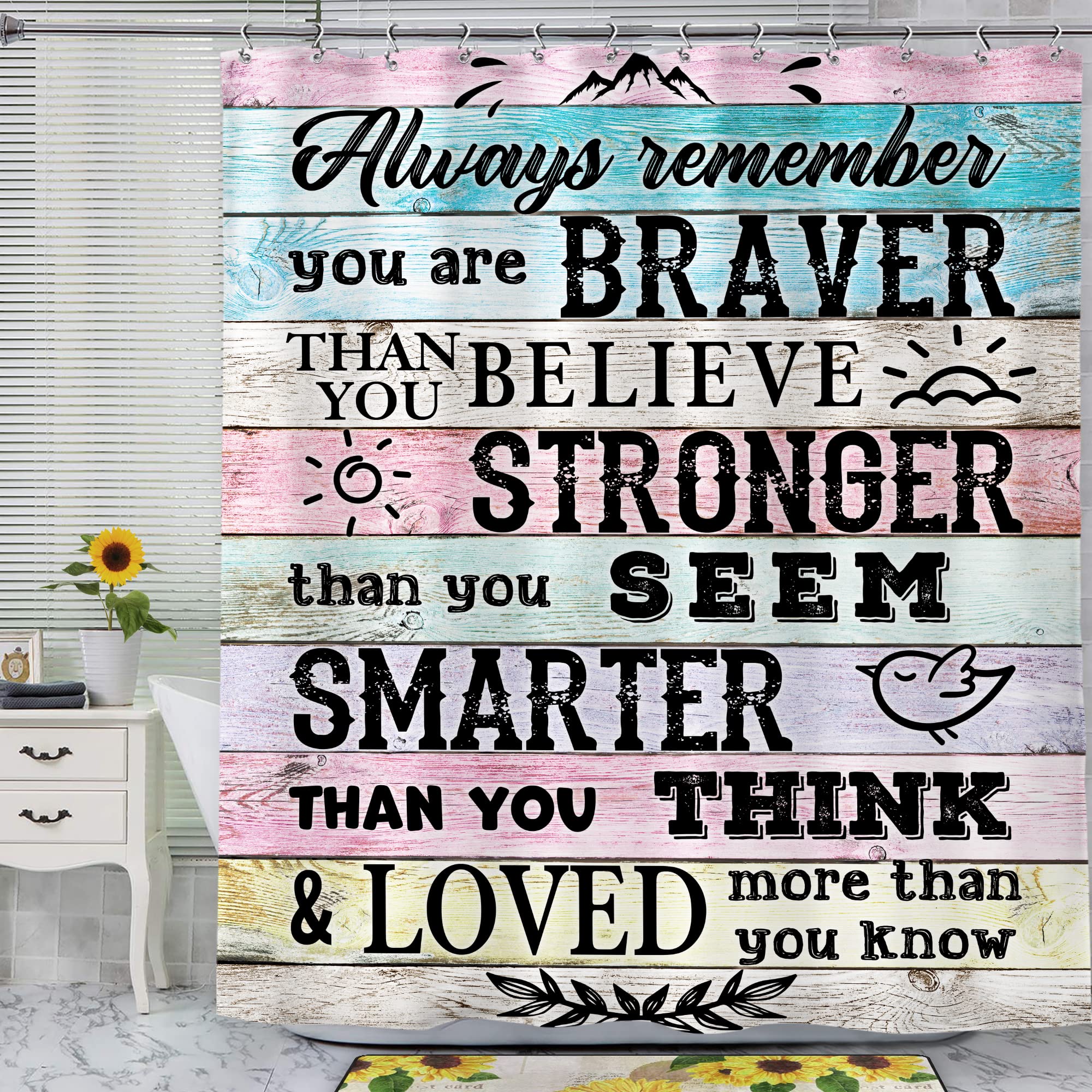 Svbright Inspirational Quotes Shower Curtain 60Wx72L Inch Rustic Motivational Words Wooden Plank Positive Blue Pink Farmhouse Gi