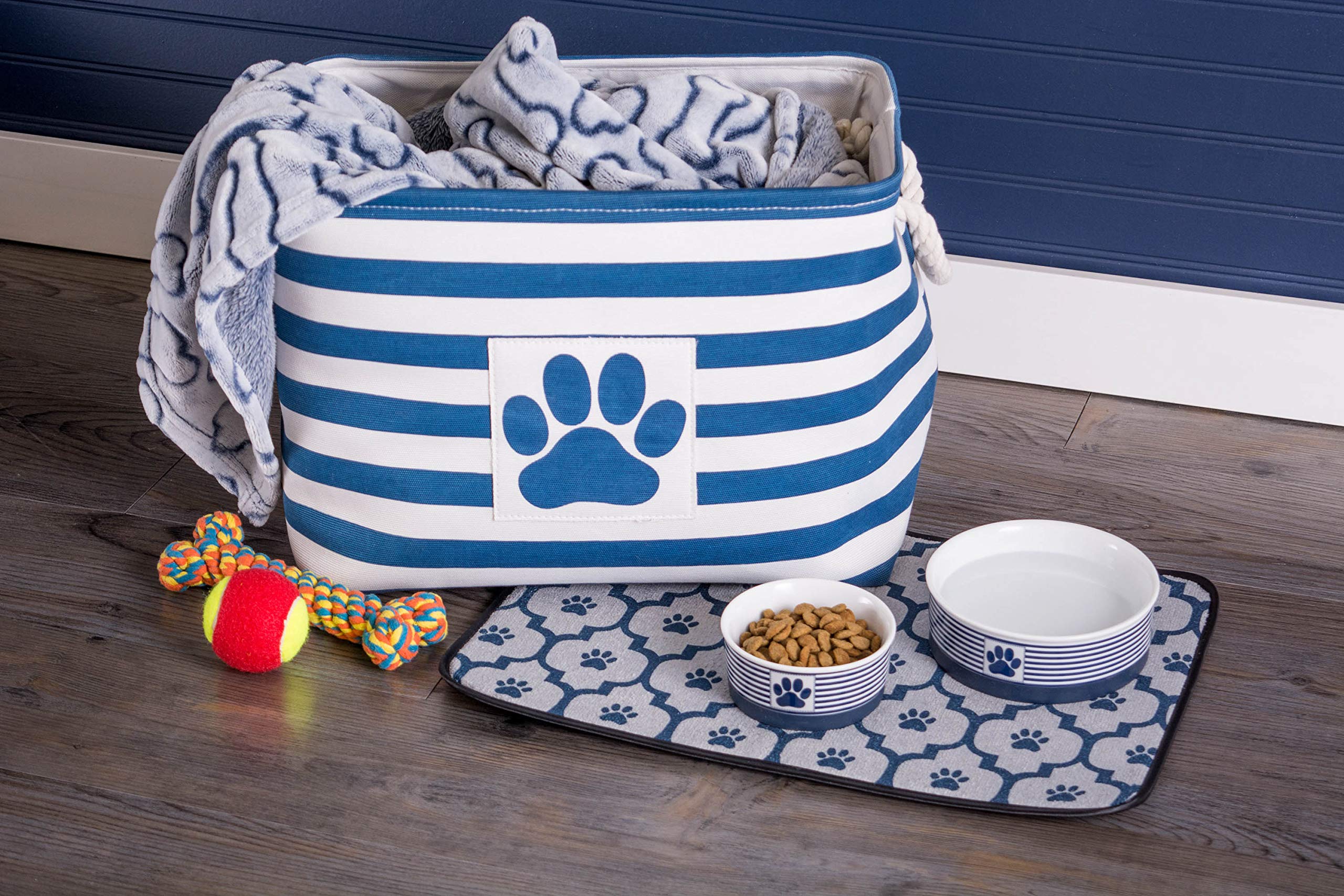 Bone Dry Pet Storage Collection Striped Paw Patch Bin  Large Rectangle  Navy