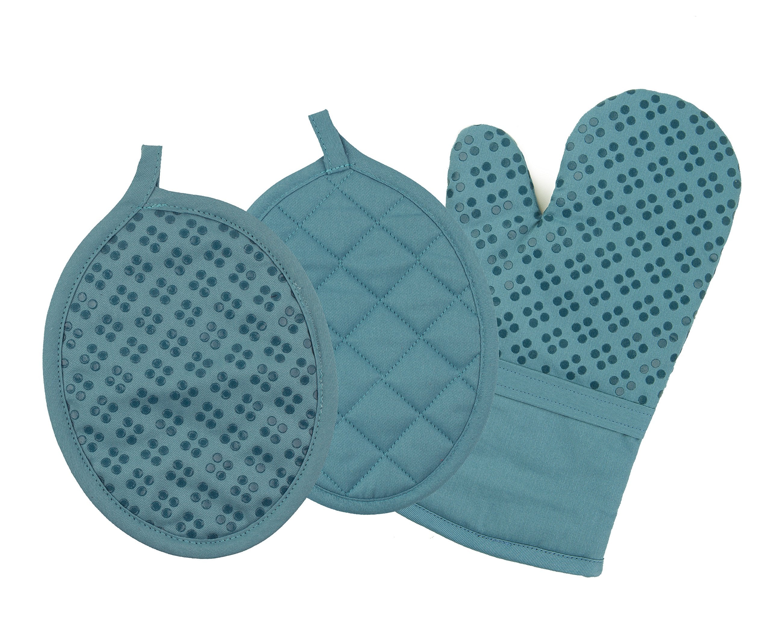 Oven Mitt And Pot Holders Silicone Set Of 3, Non-Slip Kitchen Hot Pads And Oven Mitts Set, Oeko-Tex 100% Cotton Shell, Blue