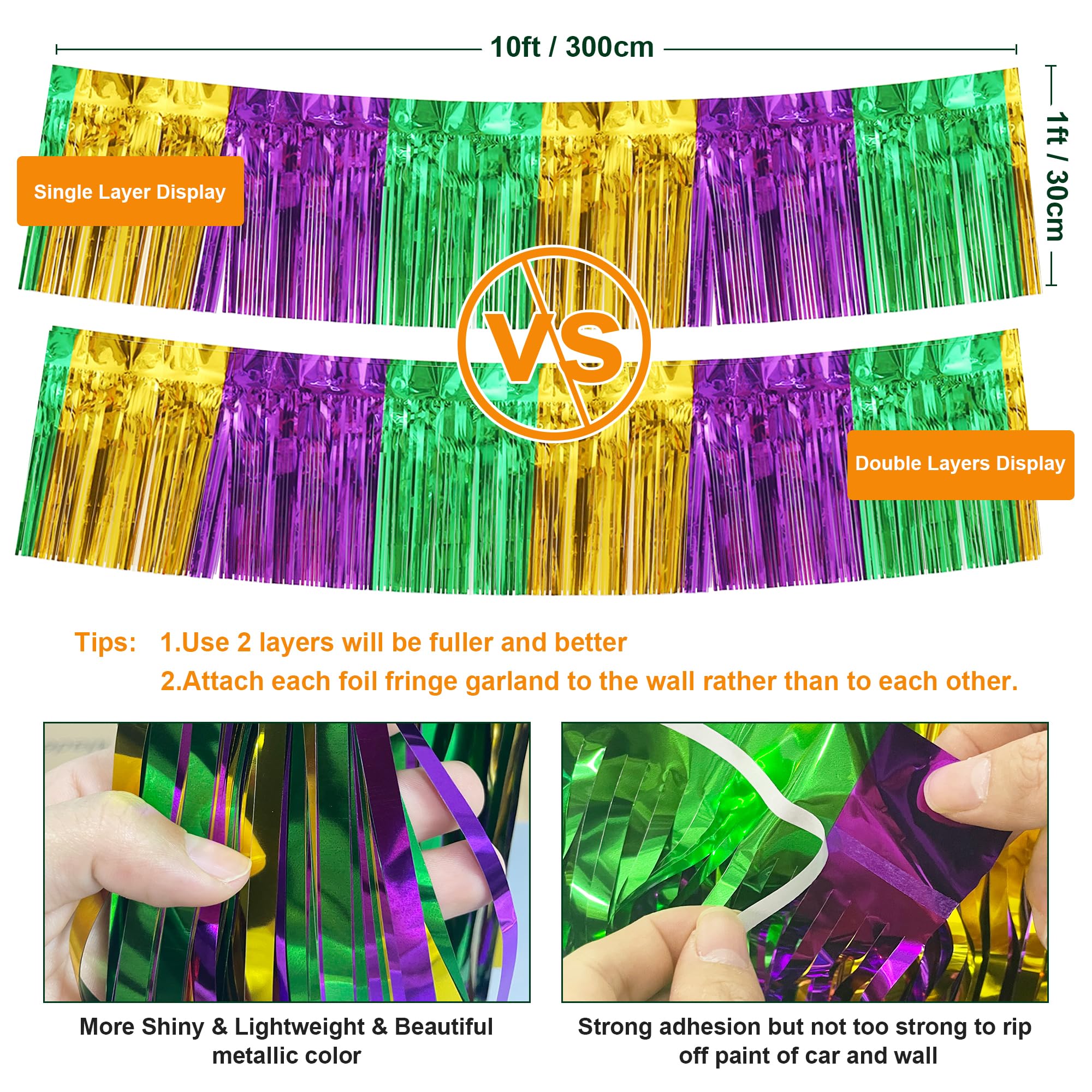 2 Pack 10 Feet Green Gold Purple Foil Fringe Garland Metallic Tinsel Streamers Banner Fringe Backdrop Banner for Parade Floats M